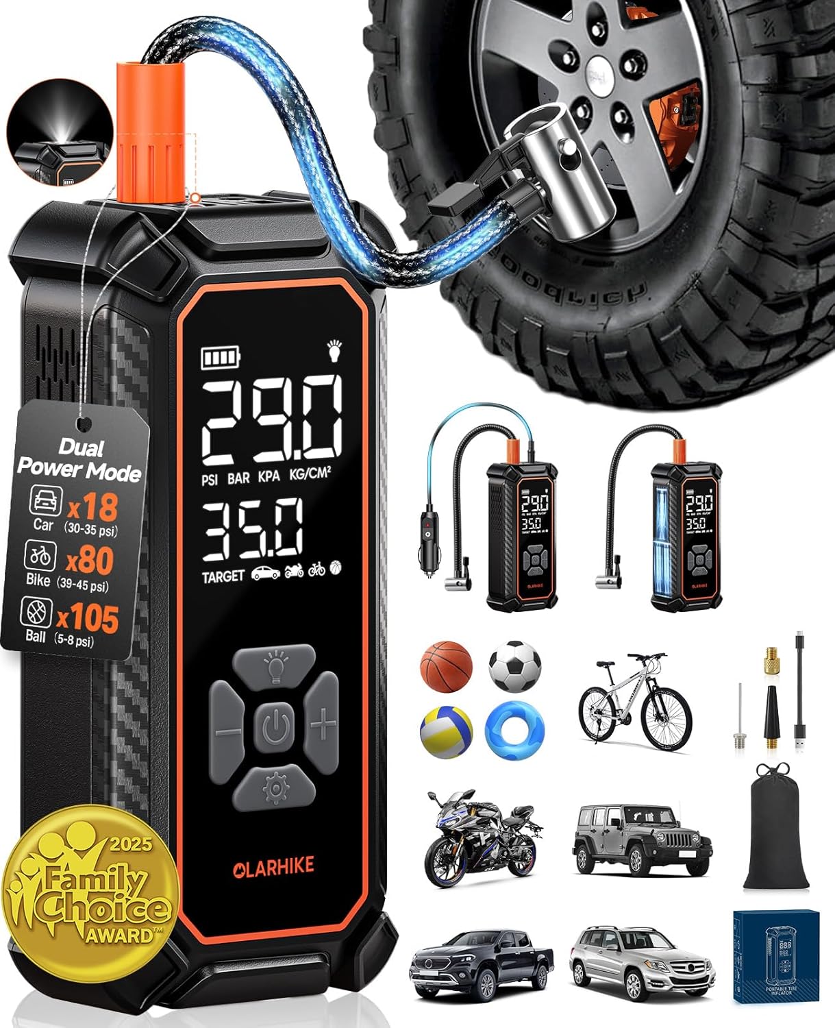 OlarHike Cordless Tire Inflator Portable Air Compressor, 150PSI Dual Power, 6000mAh & 12V DC Air Pump for Car Tires, Bike, Motorcycle, Bicycle, Electric Pump with LED Light & Digital Pressure Gauge - aborderproducts