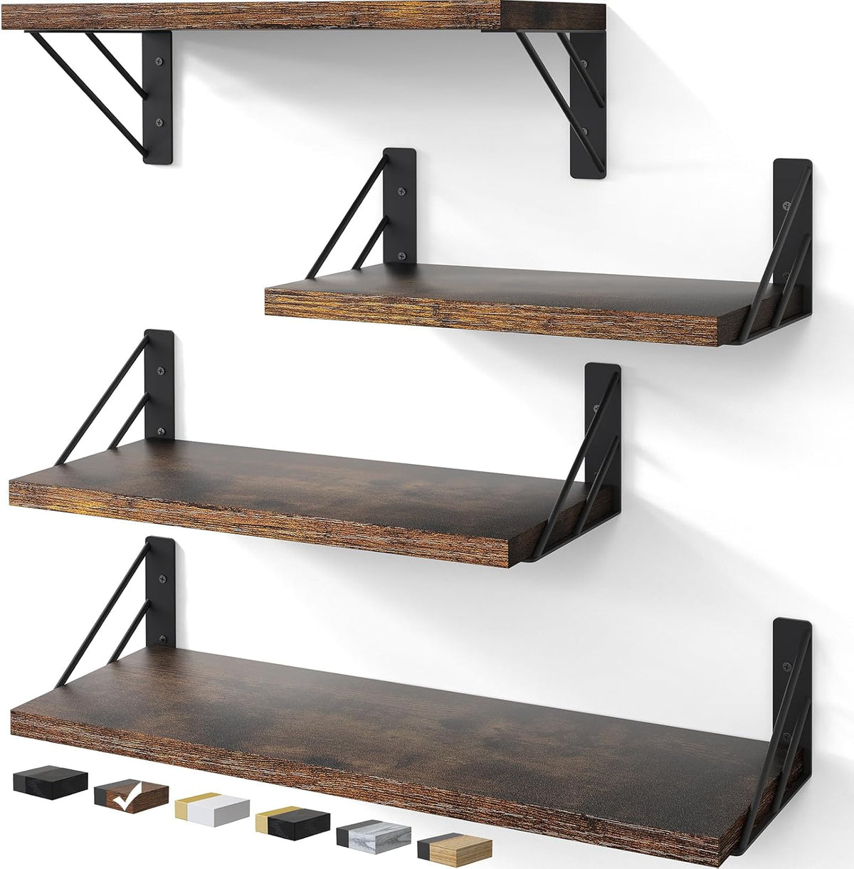 BAYKA Wall Shelves for Bedroom Decor, Floating Wall Shelves for Living Room Kitchen Storage, Wall Mounted Rustic Wood Floating Shelves for Kids Books, Corner Shelf for Bathroom(Rustic Brown,Set of 4) - aborderproducts