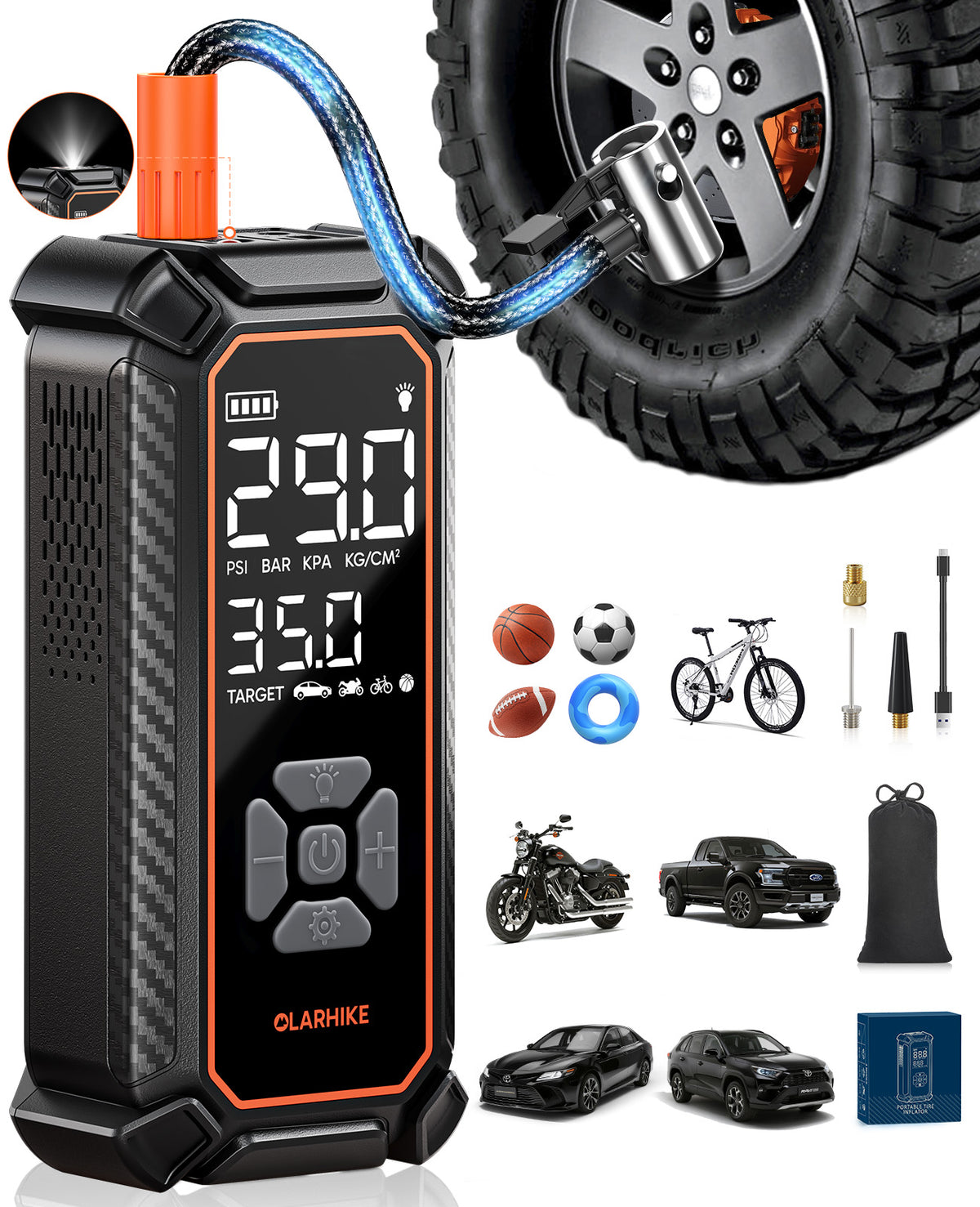 OlarHike Tire Inflator Portable Air Compressor, 9000mAh Battery Powered, 150PSI Dual Mode, Auto Air Pump for Car Tires, Motorcycle, Bicycle,Bike, Electric Pump with LED Light & Digital Pressure Gauge - aborderproducts