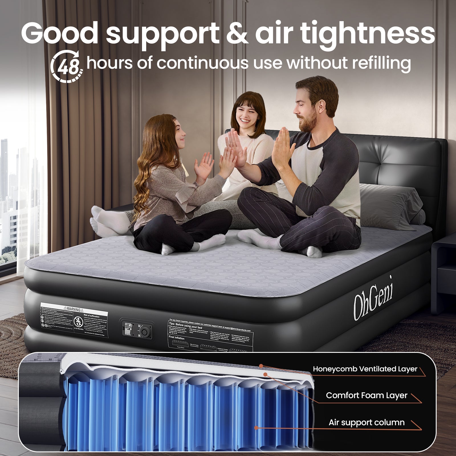 OhGeni | Air Mattress with Silk Foam Topper | Queen | 18" | Black - aborderproducts