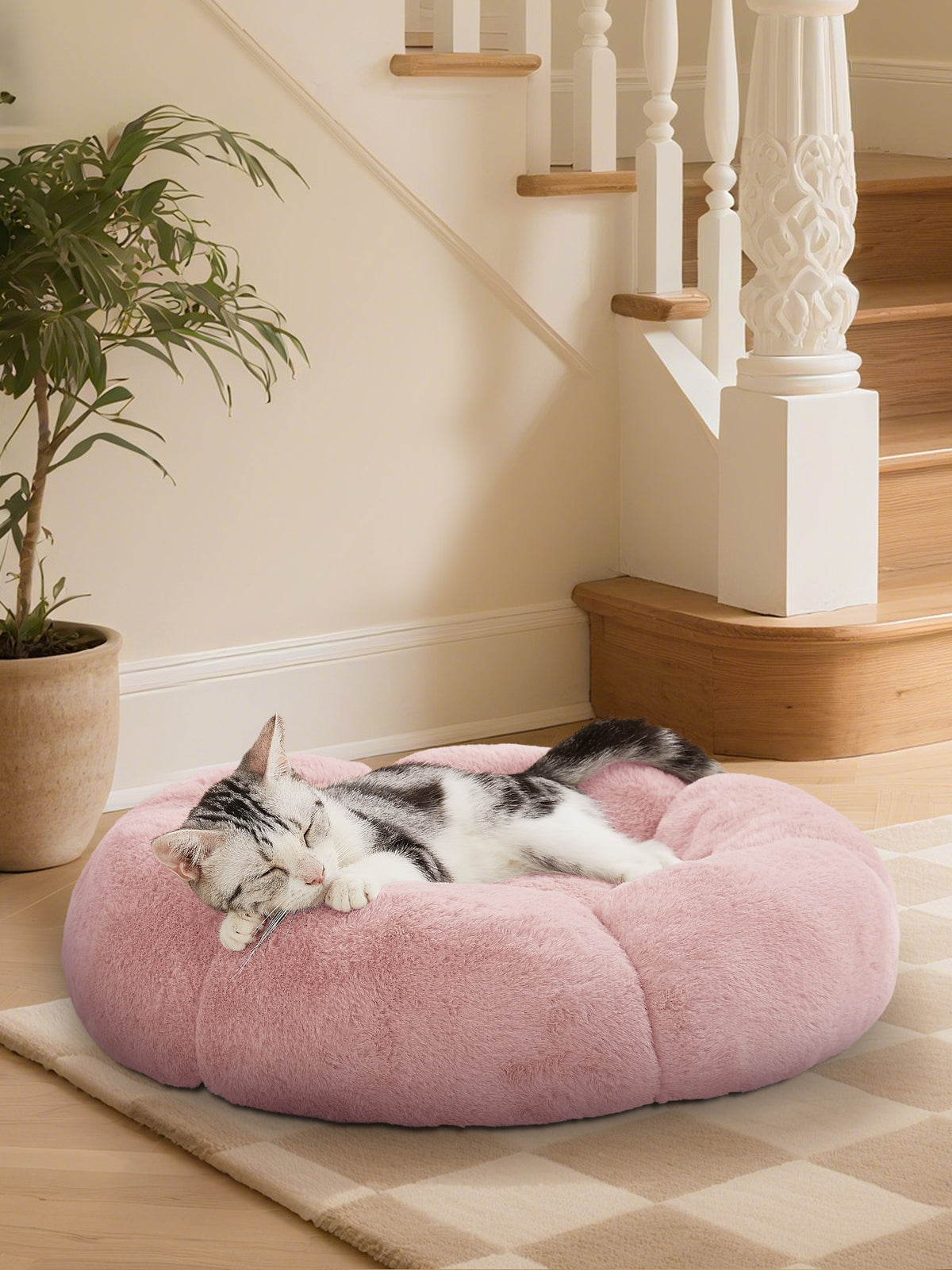 OhGeni 20 inches Calming Donut Dog & Cat Bed for Small Pets, Warming Comfort Fluffy Short Pile Fur, Durable Waterproof Machine Washable Removable Cover, Cute Round Bed for Puppy and Kitten, Pink - aborderproducts