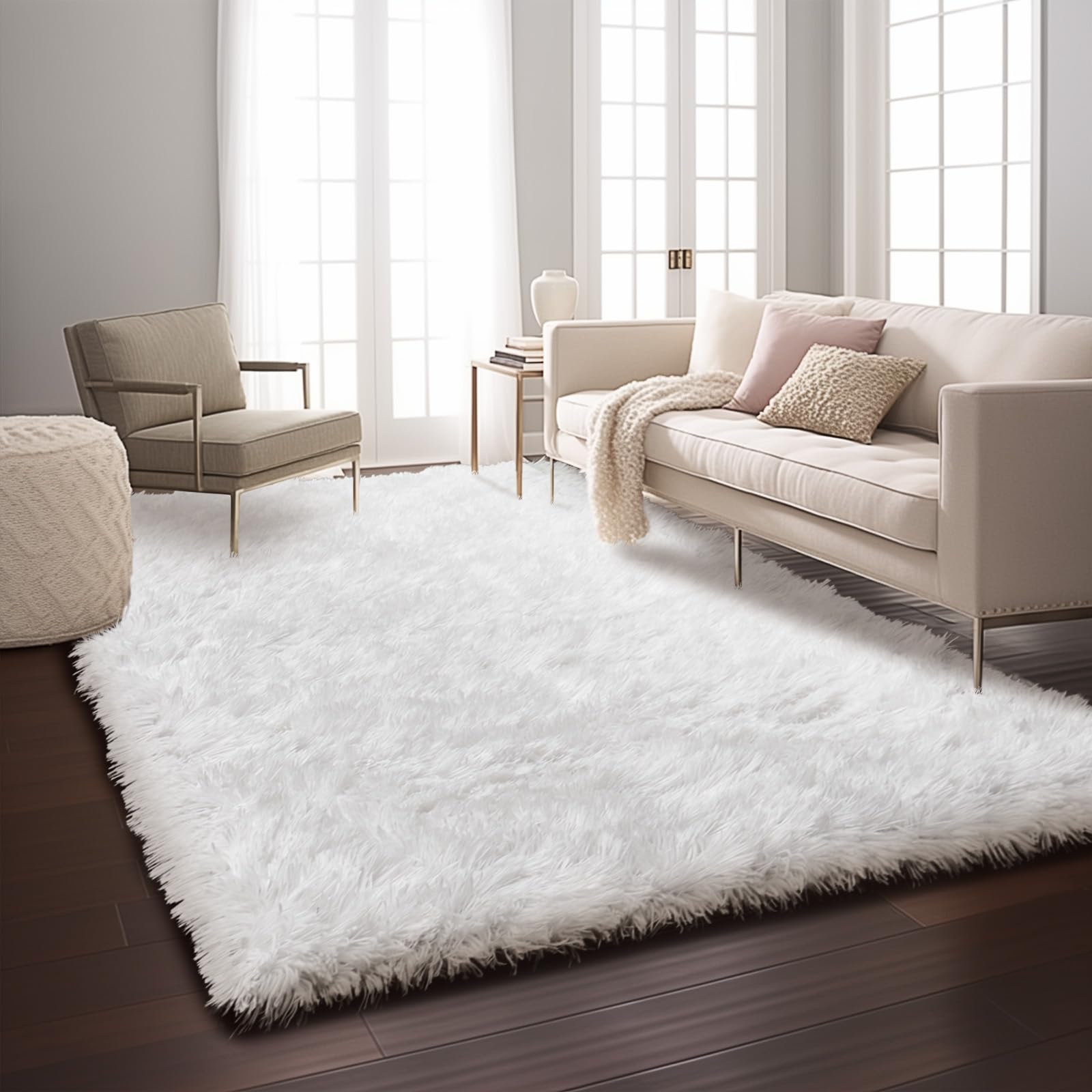 Ophanie Upgrade Fluffy Shaggy Soft Area Rug | White 6x9 - aborderproducts