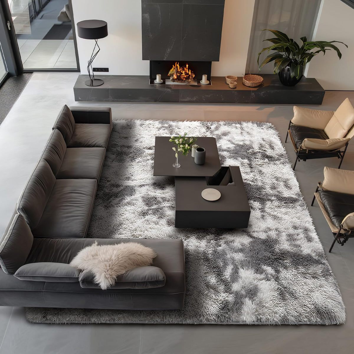 Ophanie Fluffy Shaggy Soft Area Rug | Tie Dyed Grey & White 9x12 - aborderproducts