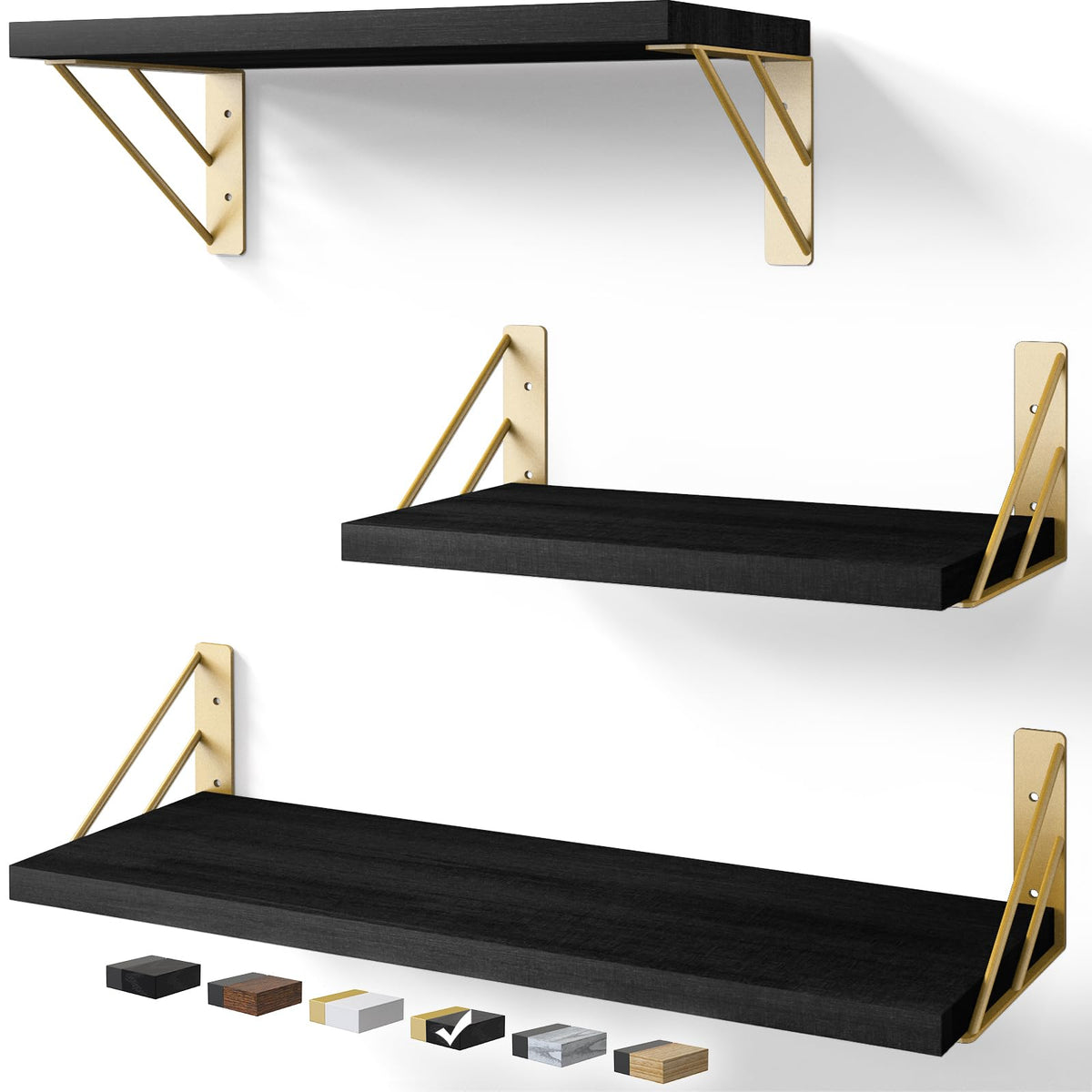 BAYKA | Floating Shelves | Set of 3 | Black and Gold - aborderproducts