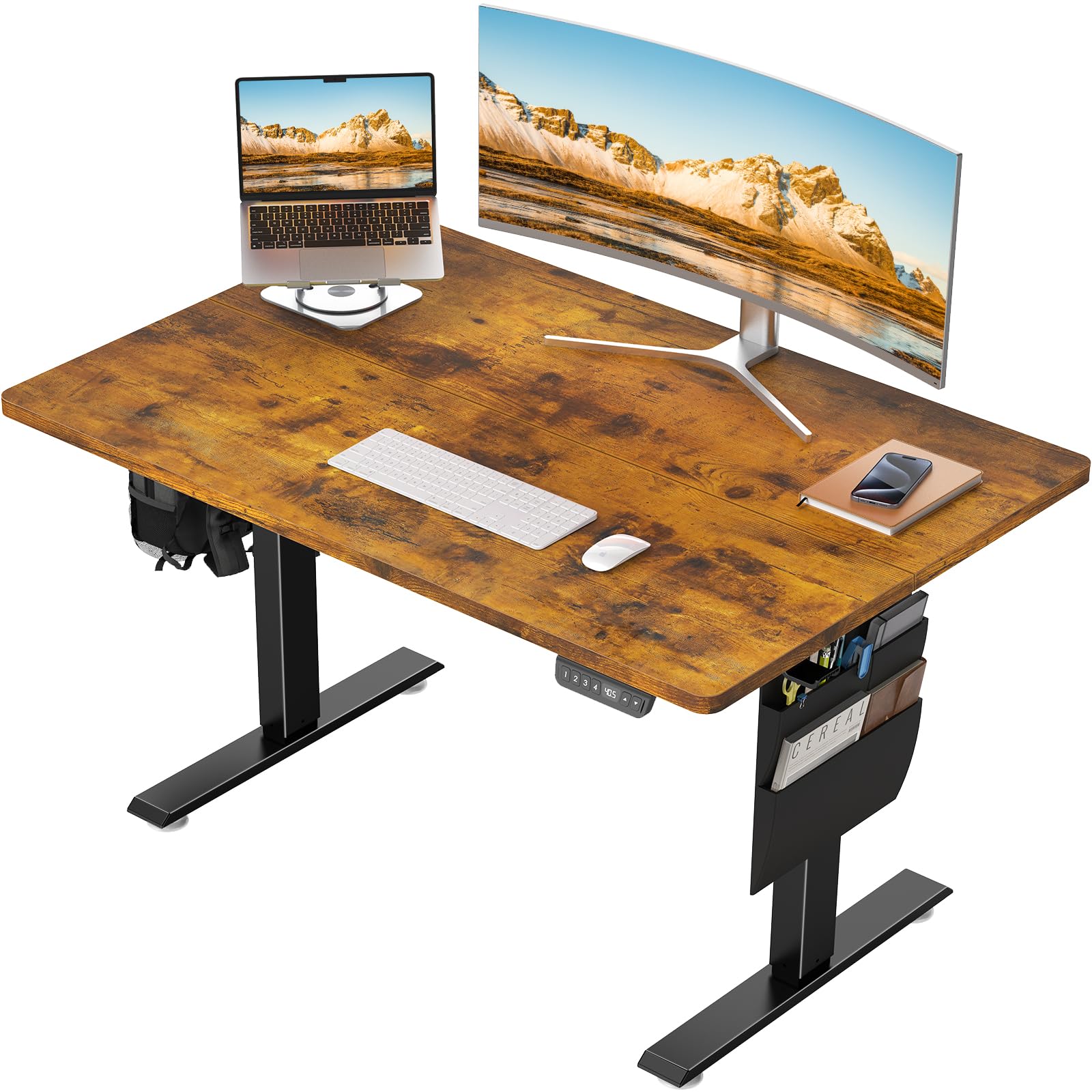 Veken Electric Standing Desk with Side Storage Pocket, 47.2x27.6 Inch 1-Inch Thick | Brown - aborderproducts