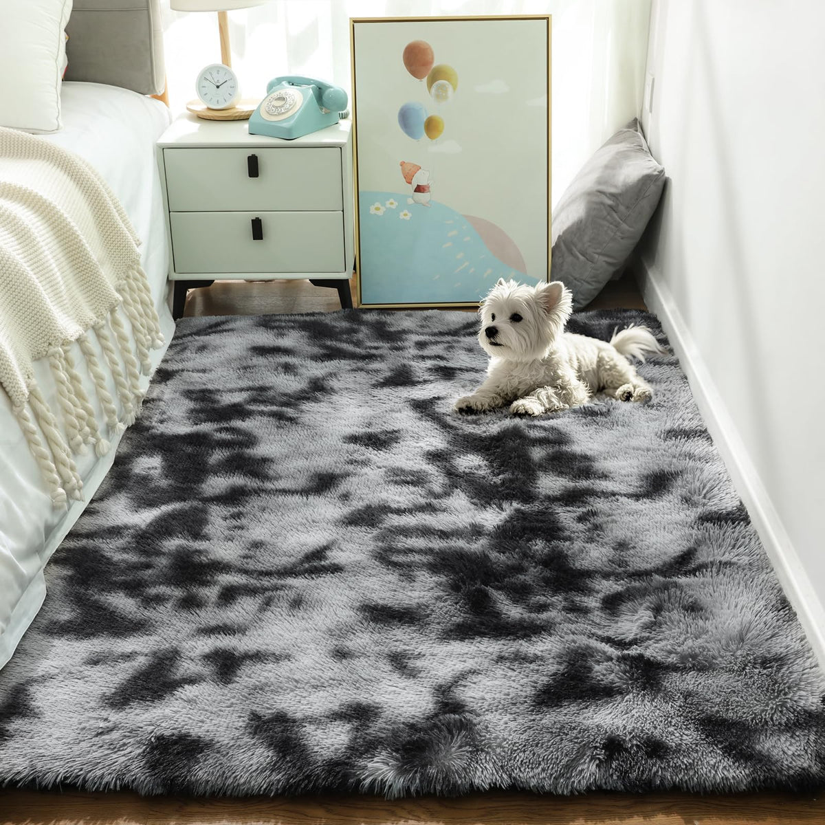 Ophanie Fluffy Shaggy Soft Area Rug |  Tie Dyed Black & Grey 4x6 - aborderproducts