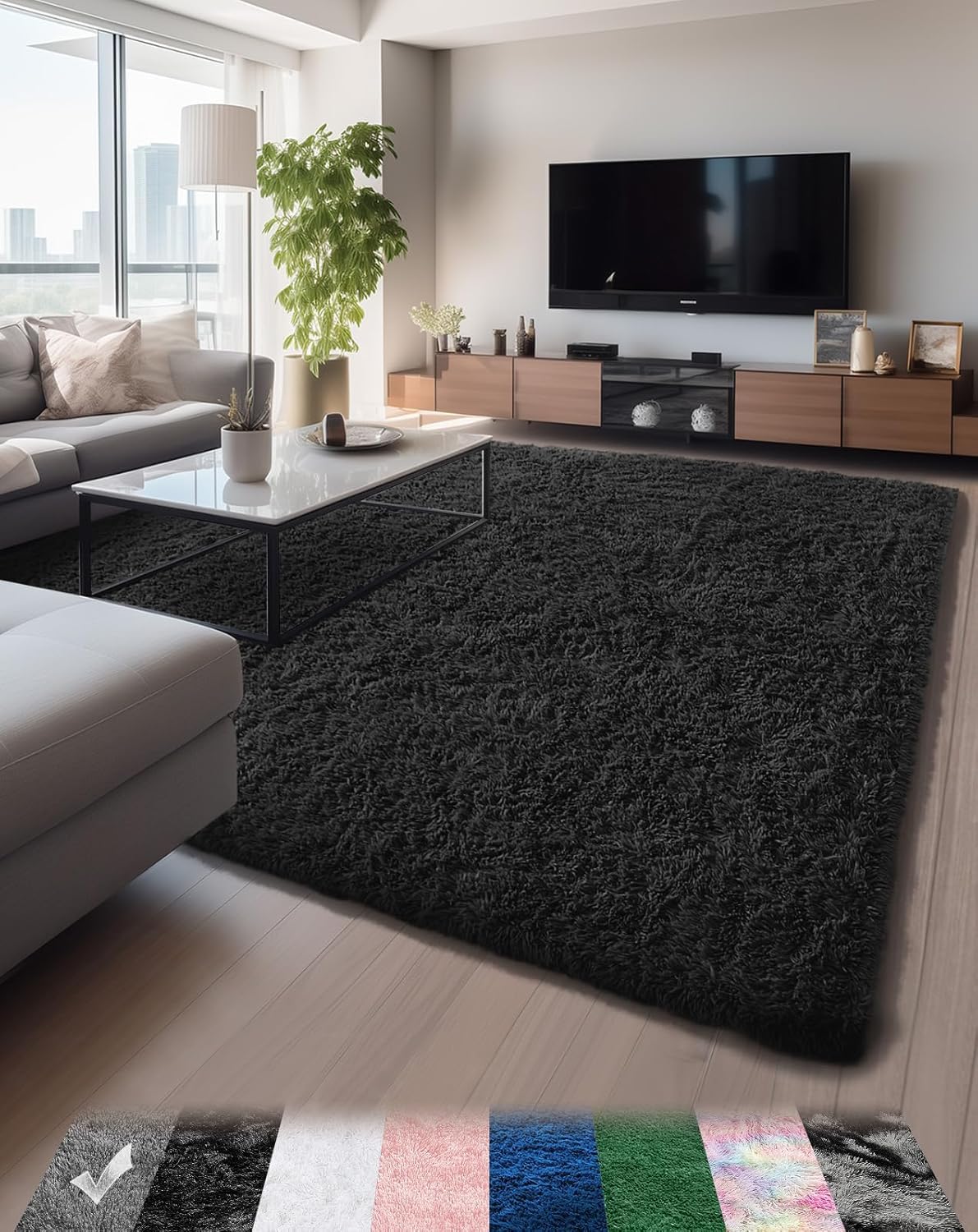 Ophanie Upgrade Fluffy Shaggy Soft Area Rug | Black 5x8 - aborderproducts