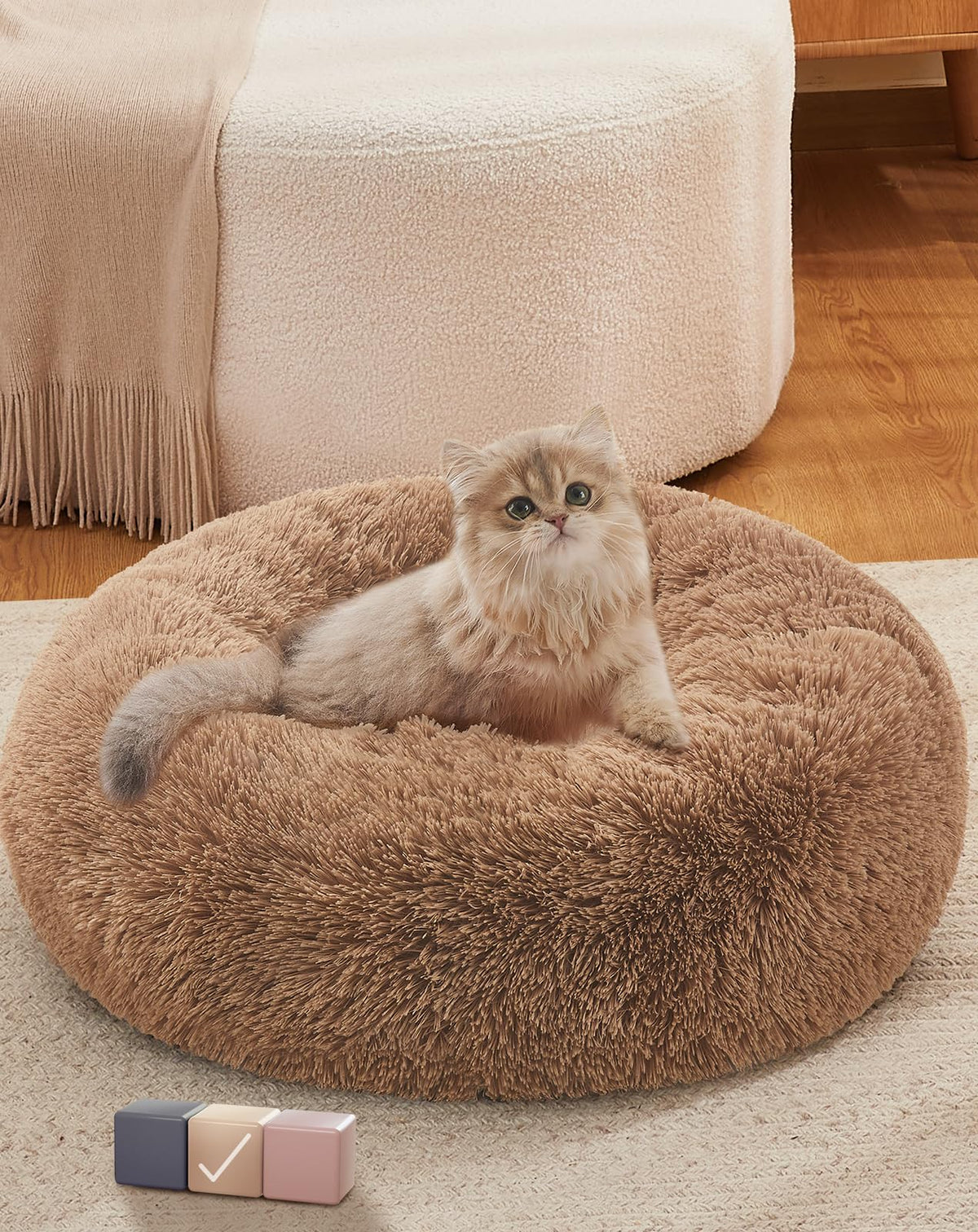OhGeni Calming Donut Bed for Dogs and Cats | XS (20 x 20 x 6.5 Inch)| Ocher - aborderproducts