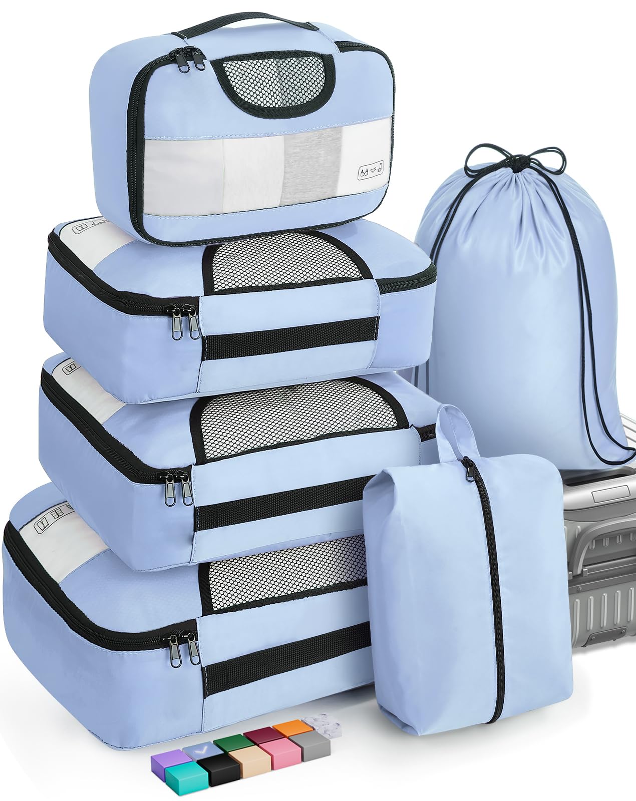Veken 6 Piece Set Travel Packing Cubes | Light Blue - aborderproducts