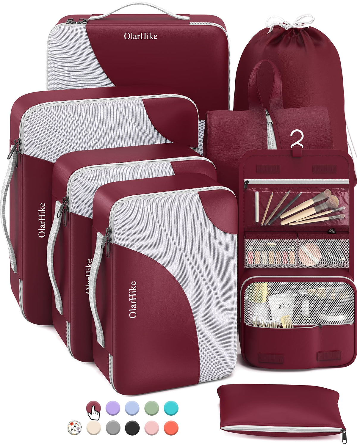 OlarHike 8 Piece Set Travel Packing Cubes | Burgundy - aborderproducts
