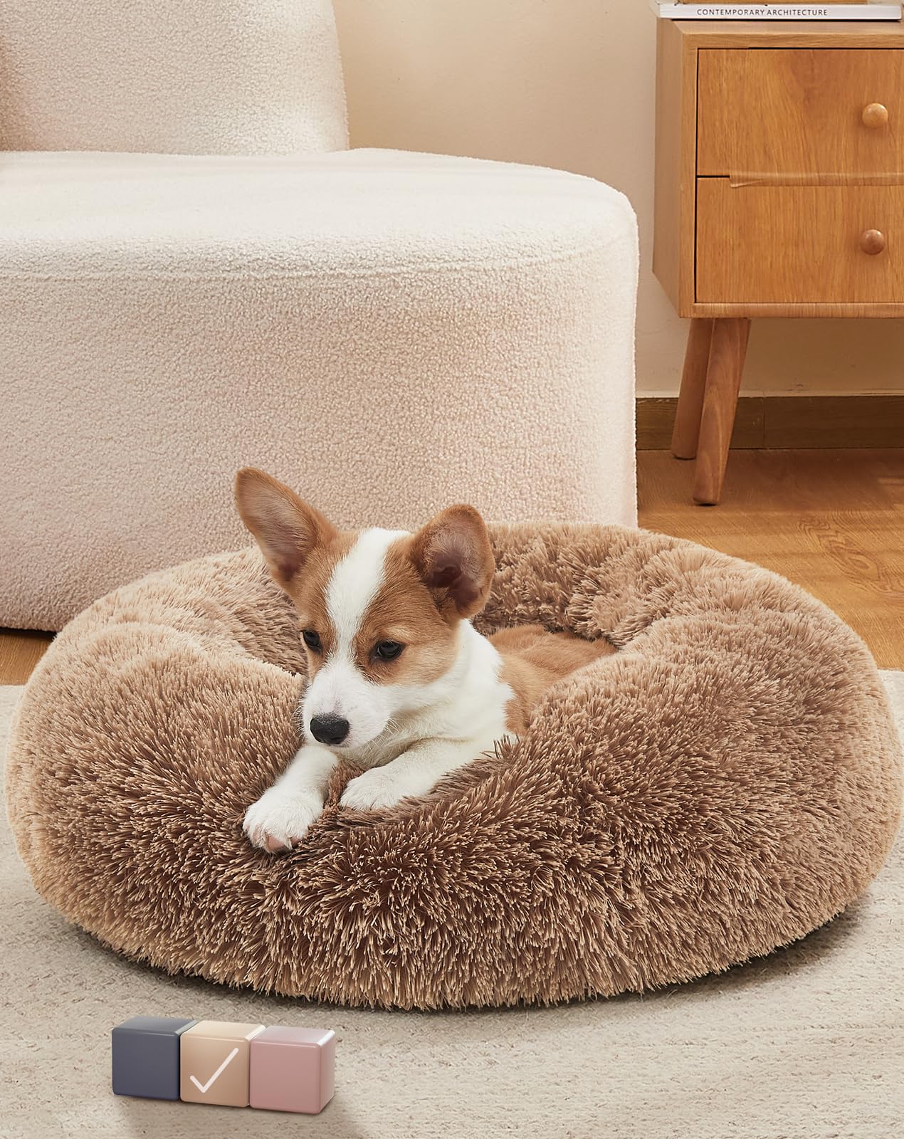 OhGeni Calming Donut Bed for Dogs and Cats | Small (23 x 23 x 7 Inch))| Ocher - aborderproducts