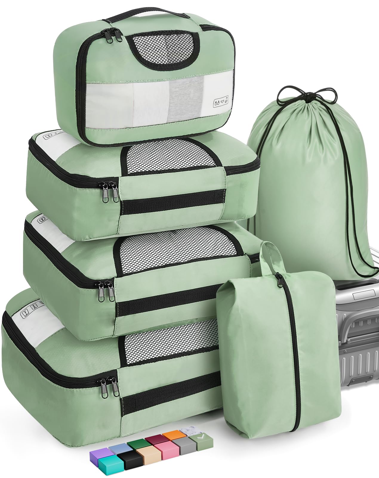 Veken 6 Piece Set Travel Packing Cubes | Matcha Green - aborderproducts