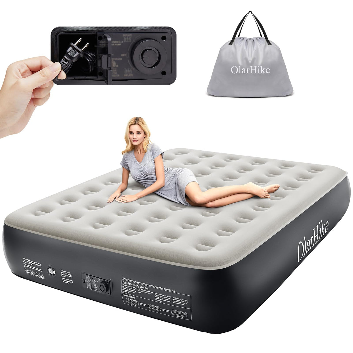 OlarHike Queen Air Mattress with Built in Pump | 13" High | Black - aborderproducts
