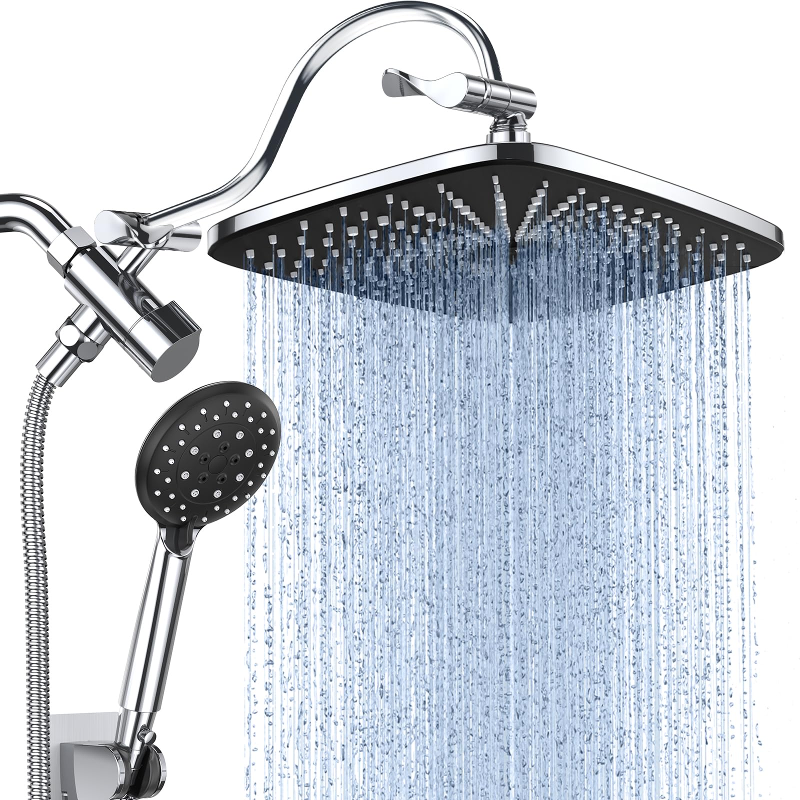 Veken 12 Inch High Pressure Rain Shower Head Combo with Curved Extension Arm | Upgraded 2-in-1 slide bar | Silver Chrome - aborderproducts