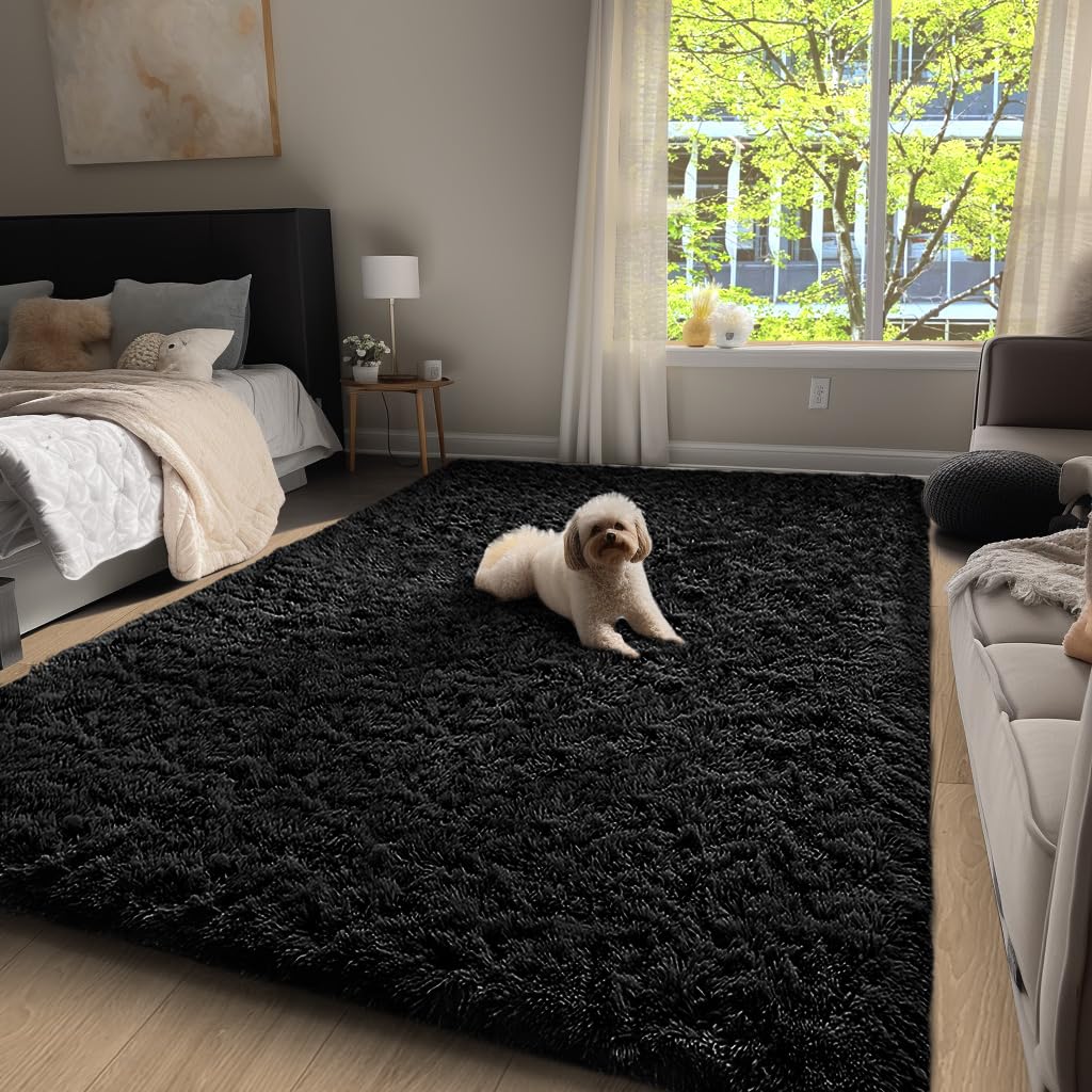 Ophanie Upgrade Fluffy Shaggy Soft Area Rug | Black 4x6 - aborderproducts