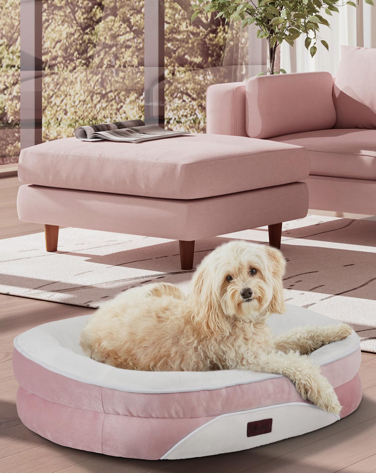 OhGeni | Orthopedic Dog Couch Bed | Medium (28 x 21 x 6 Inch)| Pink - aborderproducts