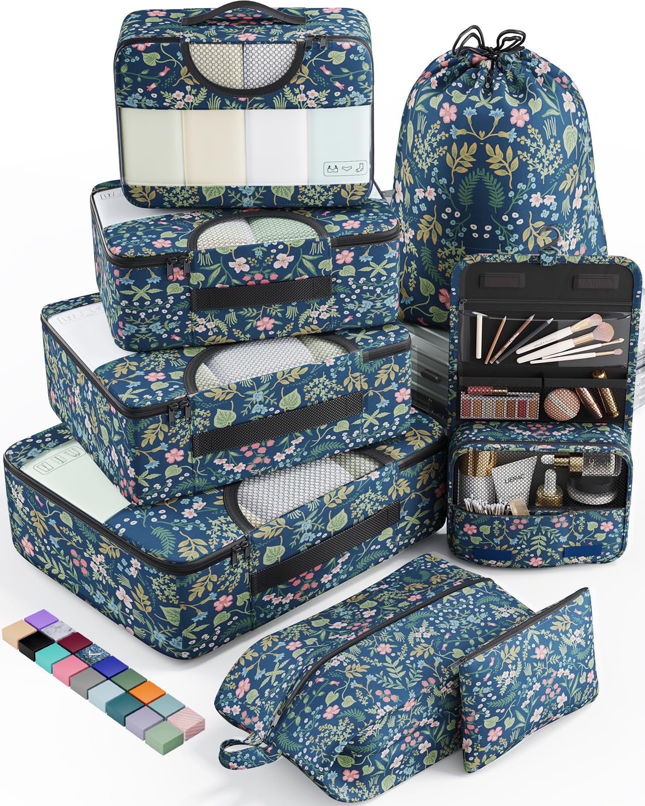 Veken 8 Piece Set Travel Packing Cubes | Blue Floral - aborderproducts