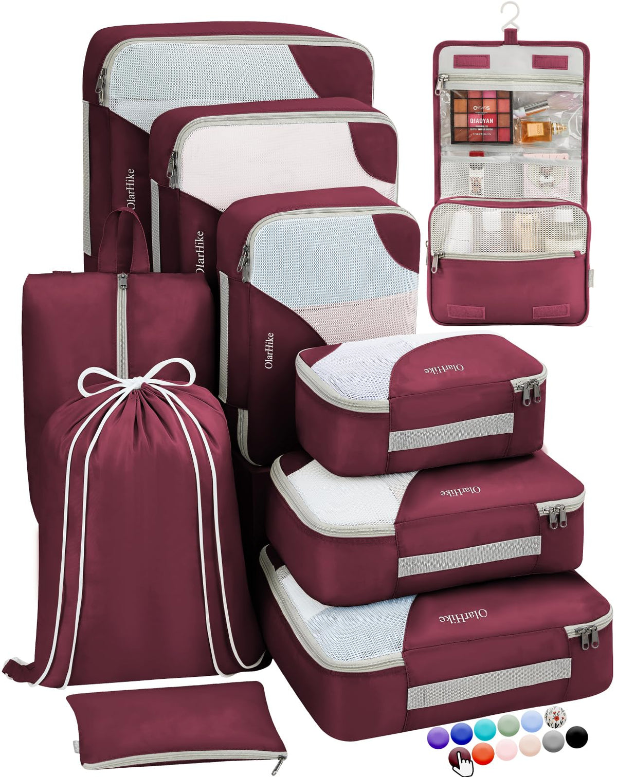 OlarHike 10 Piece Set Travel Packing Cubes | Burgundy - aborderproducts