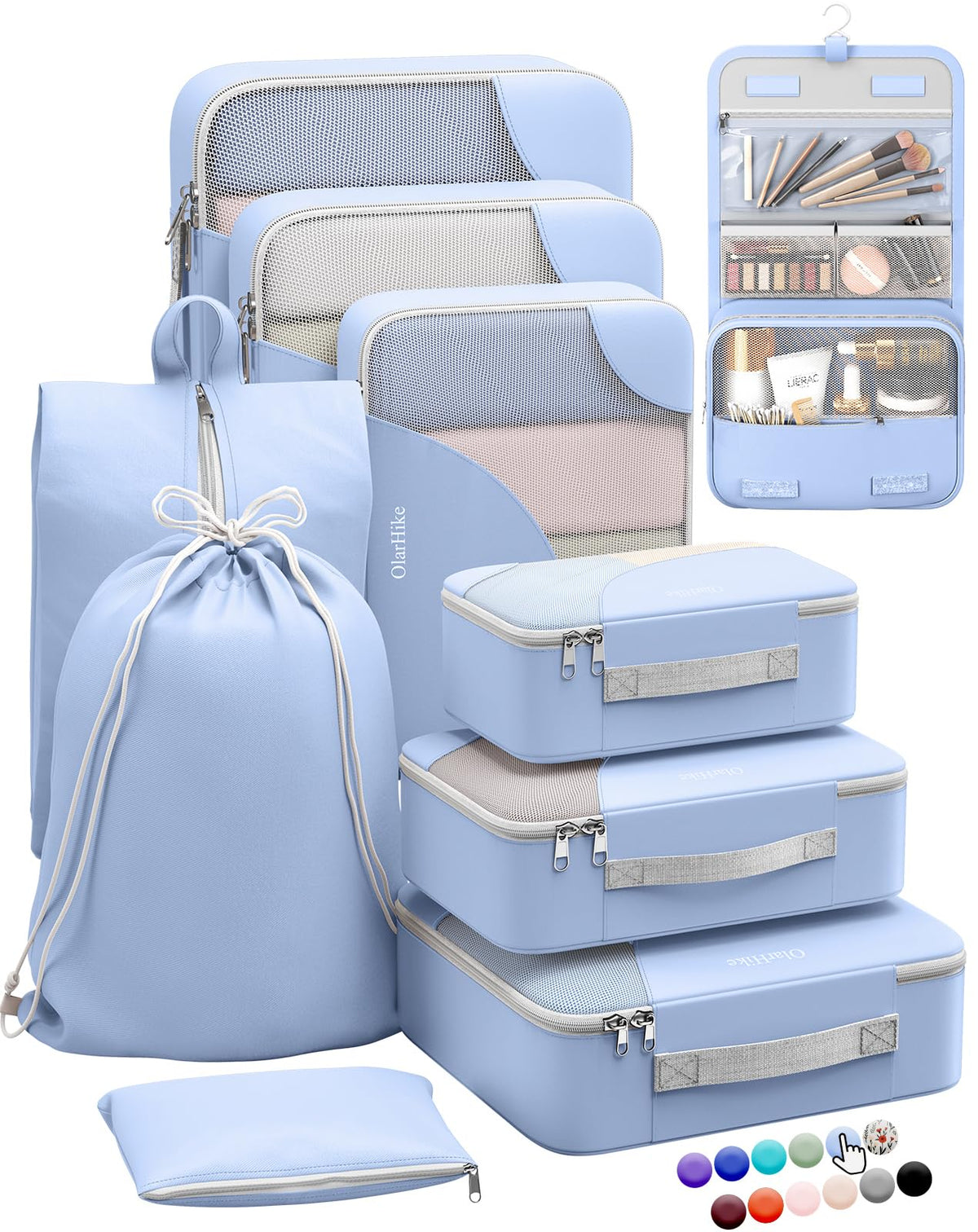 OlarHike 10 Piece Set Travel Packing Cubes | Light Blue - aborderproducts