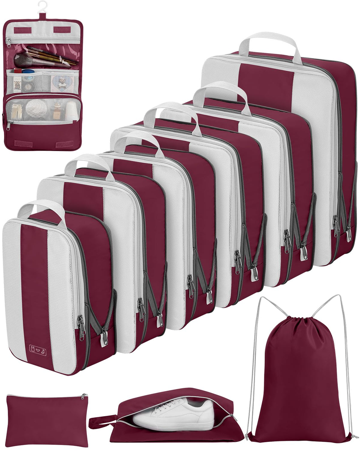 OlarHike | Compression Packing Cubes | 8 Sets | Burgundy - aborderproducts