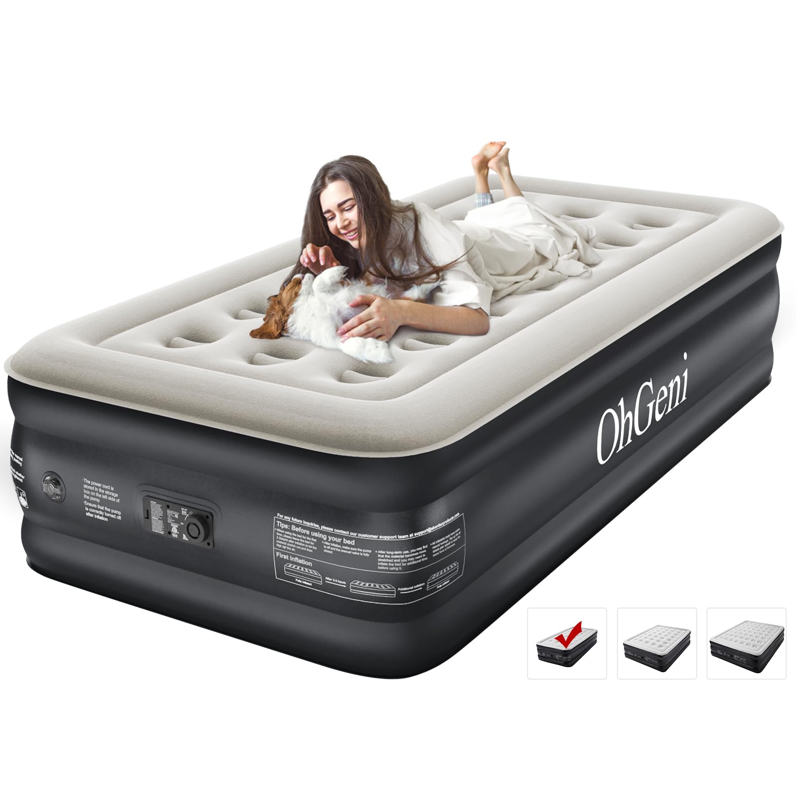 OhGeni Twin Air Mattress with Built in Pump for Guest |18in Tall | Black - aborderproducts
