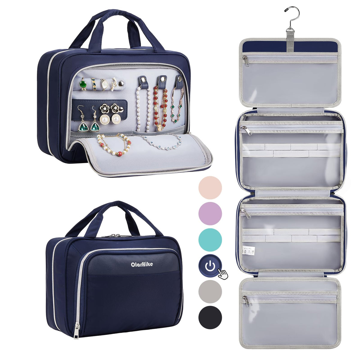 OlarHike Toiletry Bag, Medium Size Makeup Jewelry 3 in 1 Essentials Travel Packing Organizers (Navy) - aborderproducts