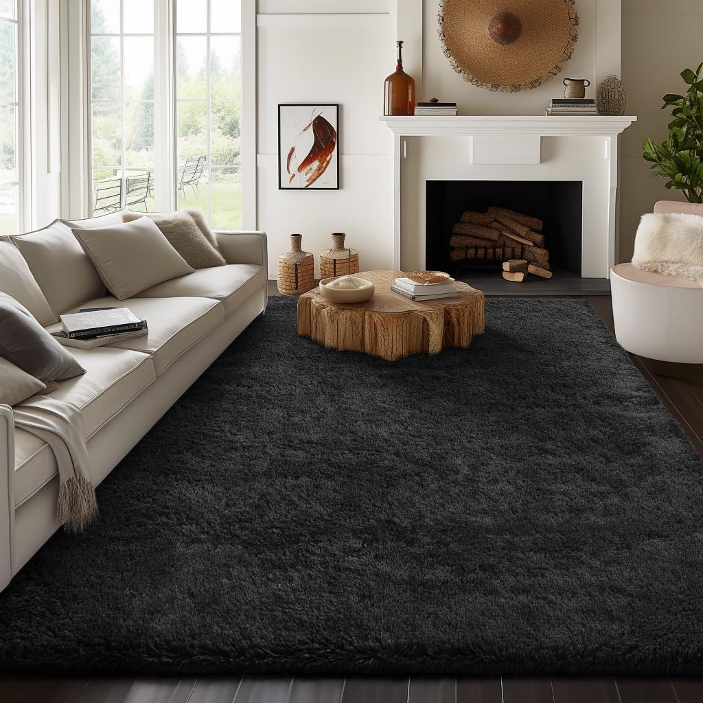 Ophanie Upgrade Fluffy Shaggy Soft Area Rug | Black 8x10 - aborderproducts