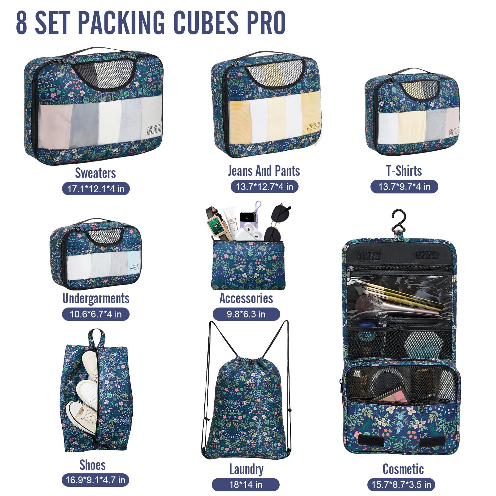 Veken 8 Piece Set Travel Packing Cubes | Blue Floral - aborderproducts