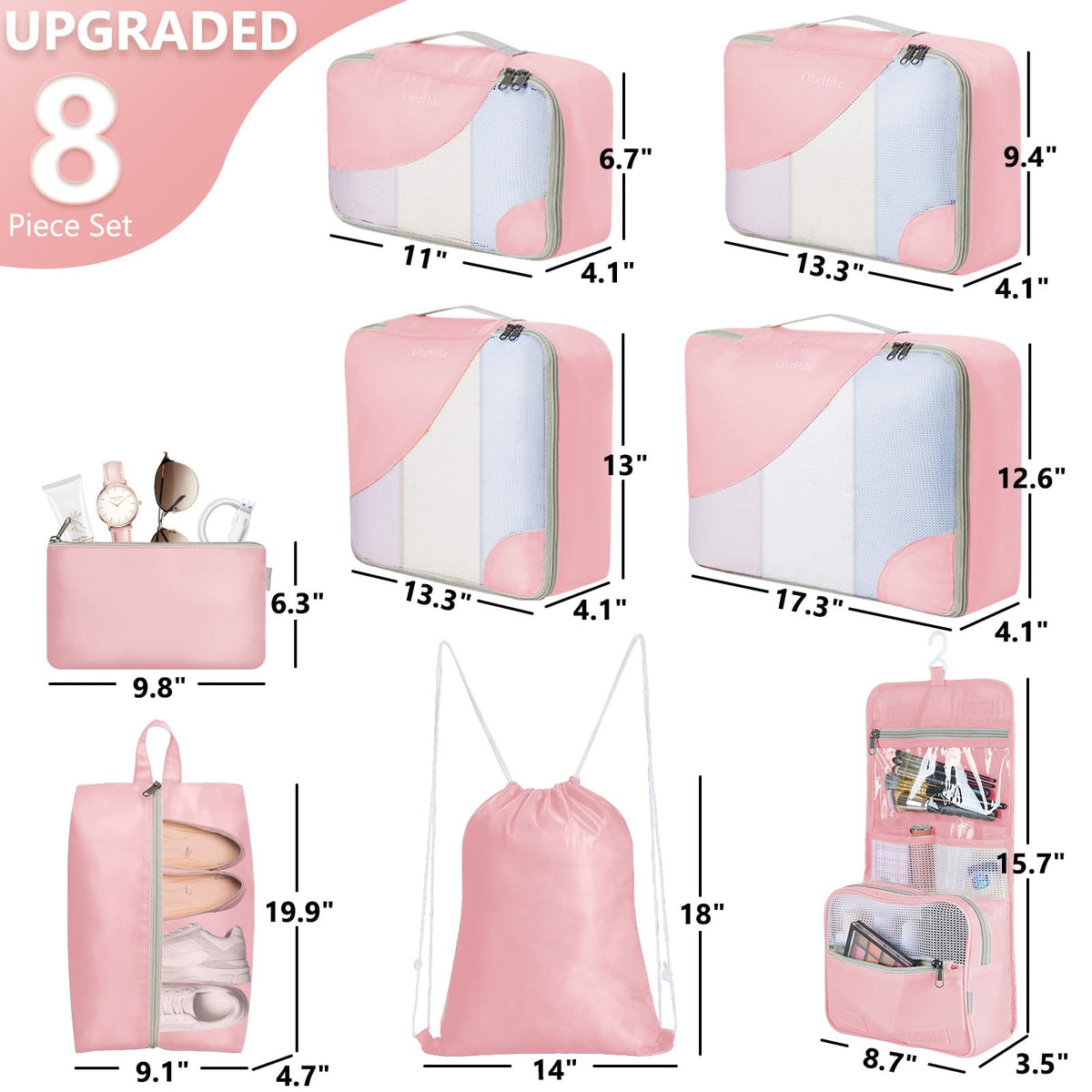 OlarHike 8 Piece Set Travel Packing Cubes | Pink - aborderproducts