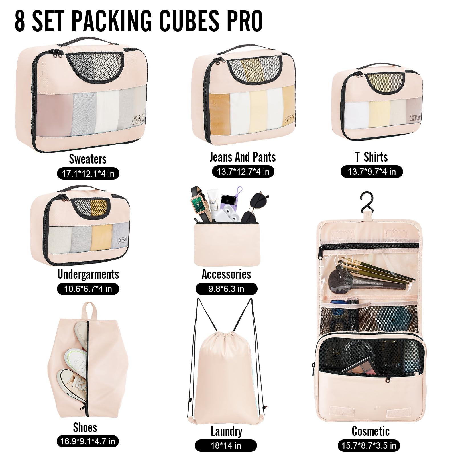 Veken 8 Piece Set Travel Packing Cubes | Cream - aborderproducts