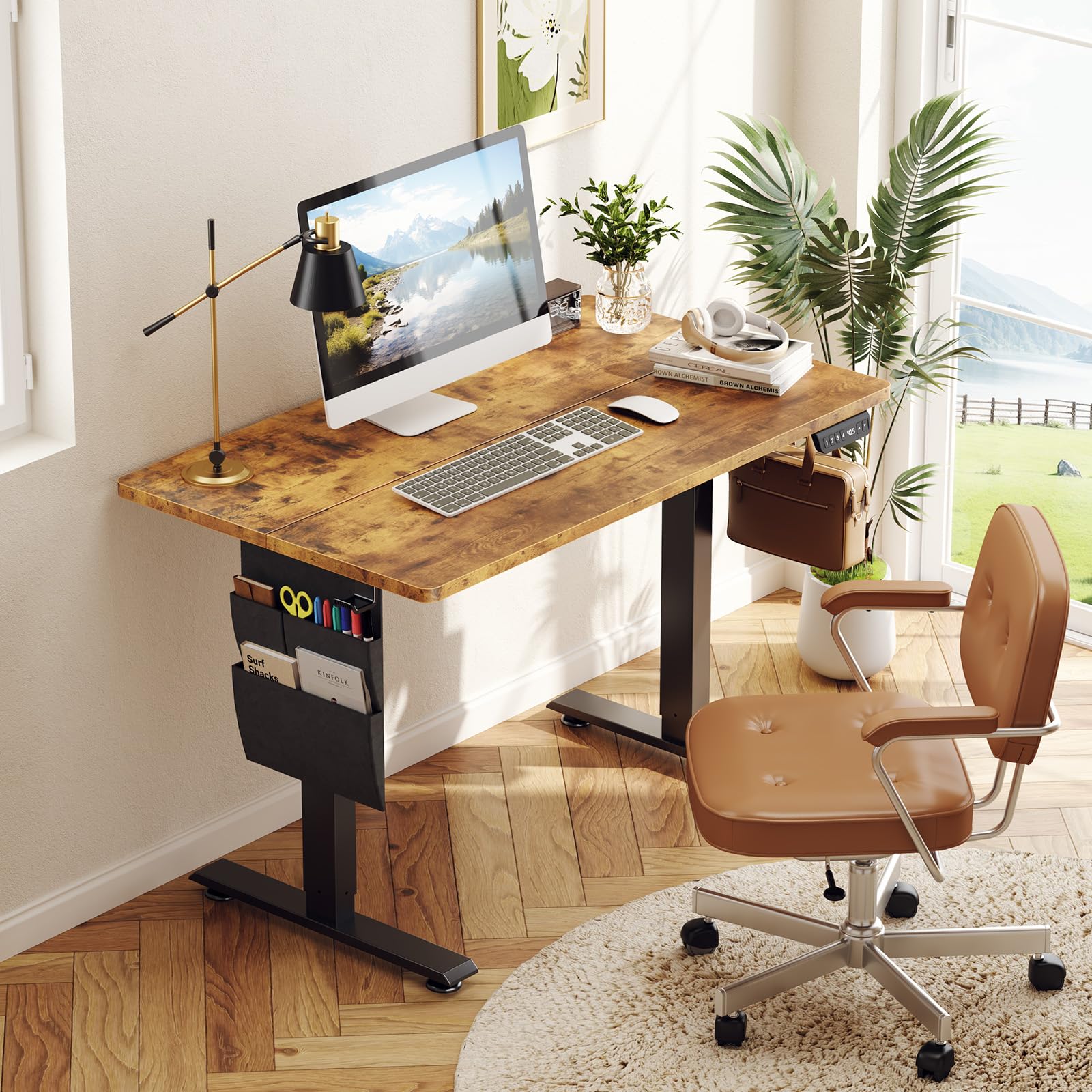 Veken Electric Standing Desk with Side Storage Pocket, 47.2x27.6 Inch 1-Inch Thick | Brown - aborderproducts