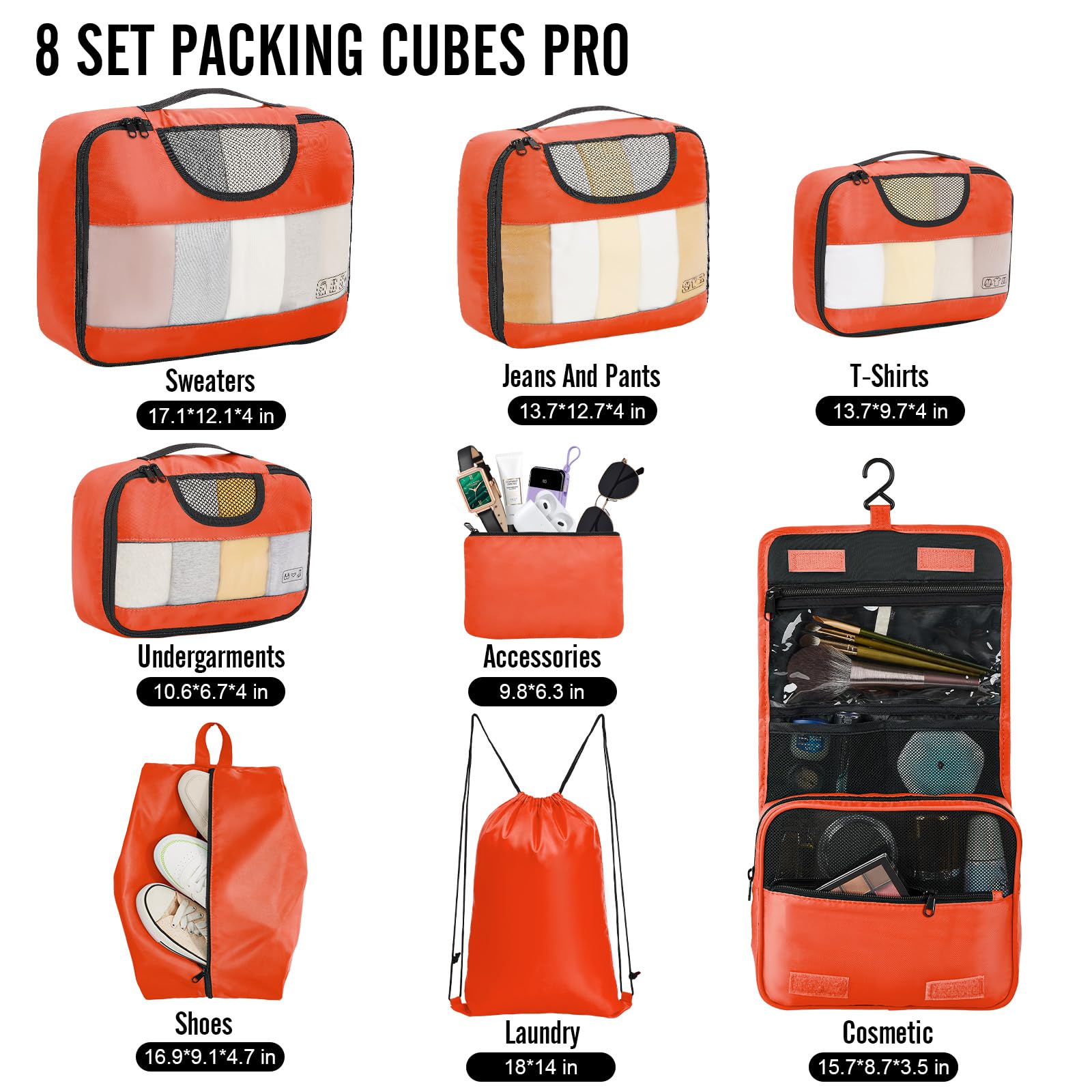 Veken 8 Piece Set Travel Packing Cubes | Orange - aborderproducts