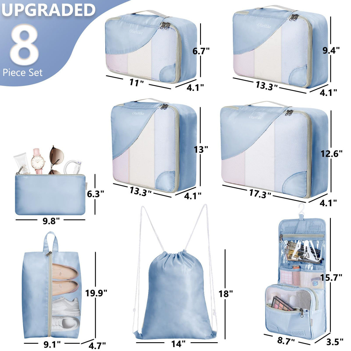 OlarHike 8 Piece Set Travel Packing Cubes | Baby Blue - aborderproducts