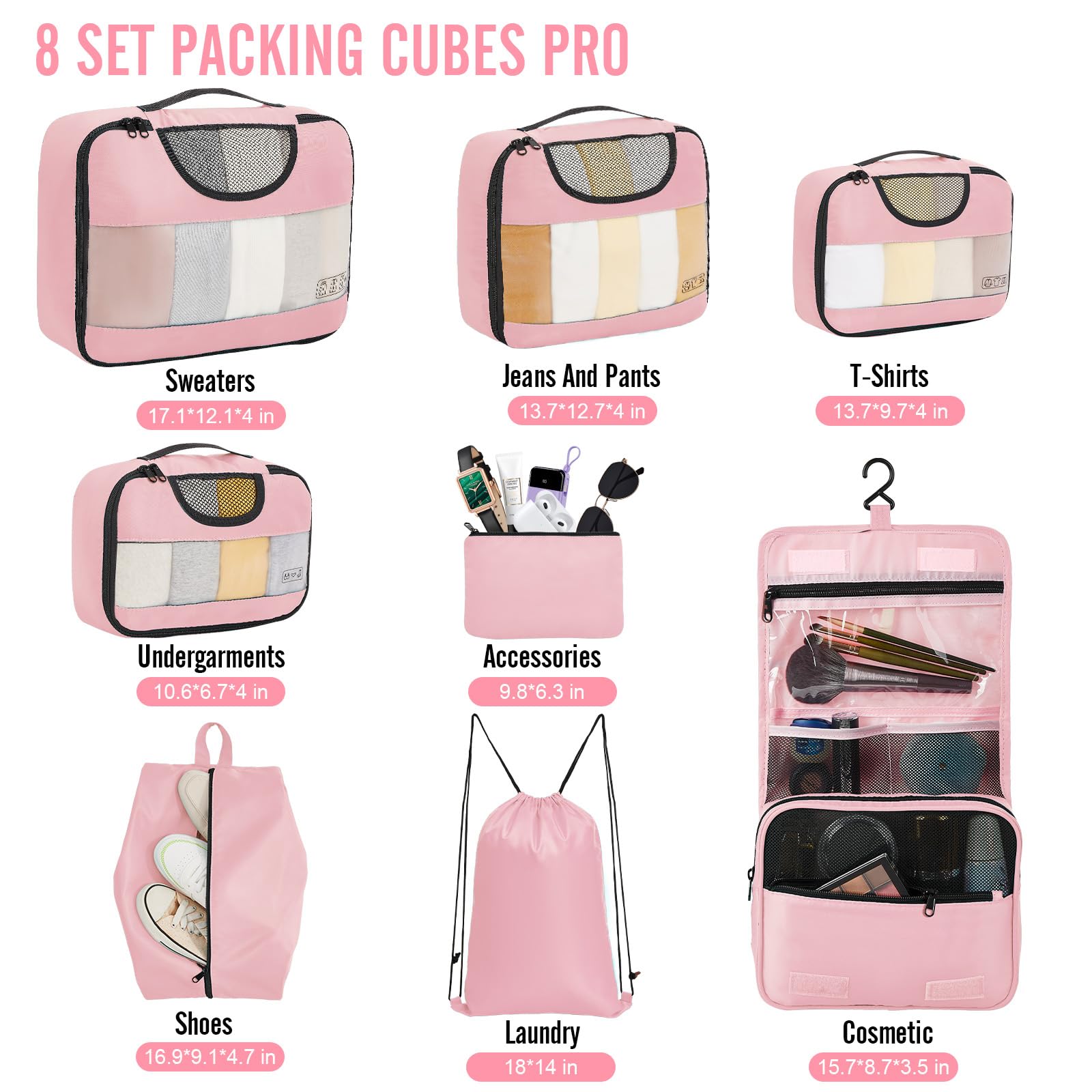Veken 8 Piece Set Travel Packing Cubes | Pink - aborderproducts
