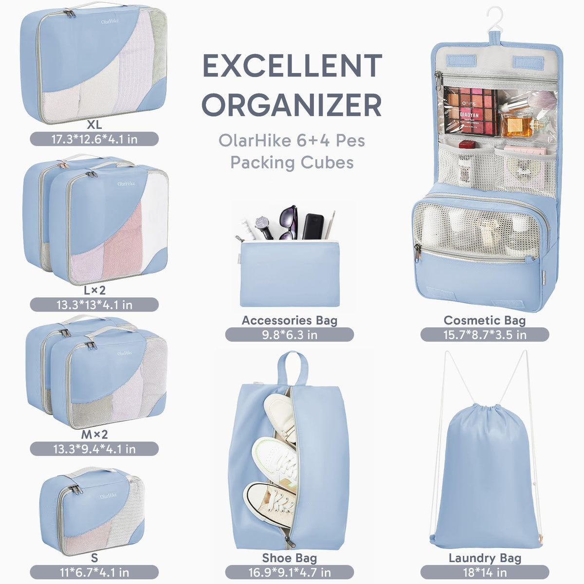 OlarHike 10 Piece Set Travel Packing Cubes | Light Blue - aborderproducts