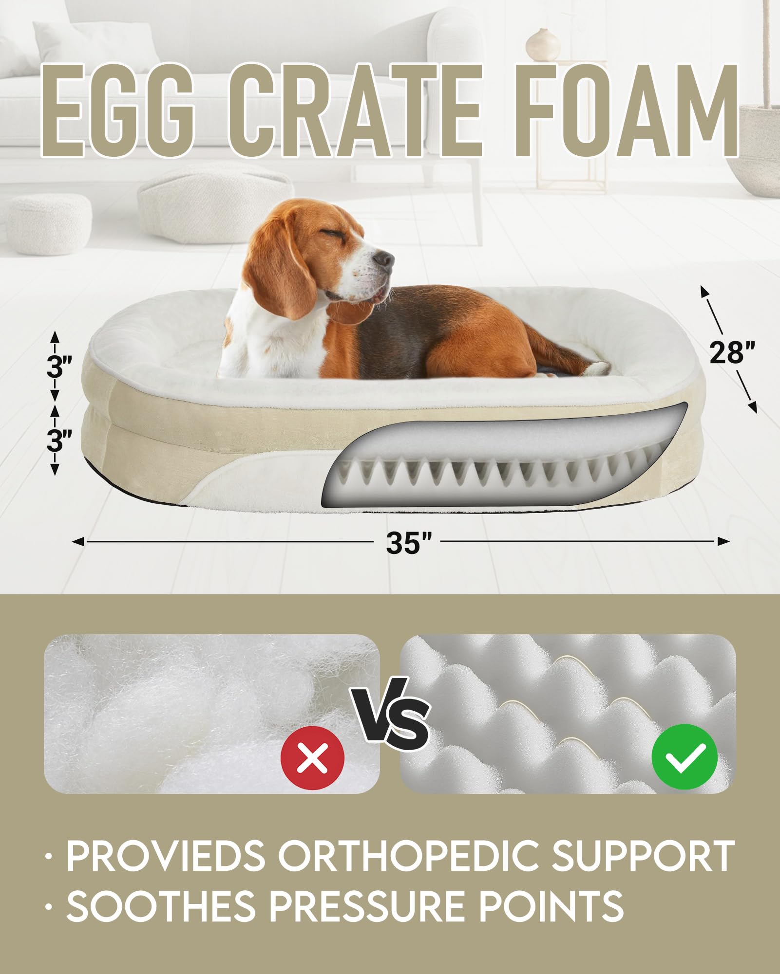 OhGeni | Orthopedic Dog Couch Bed | Large (35 x 28 x 6 Inch)|Beige - aborderproducts