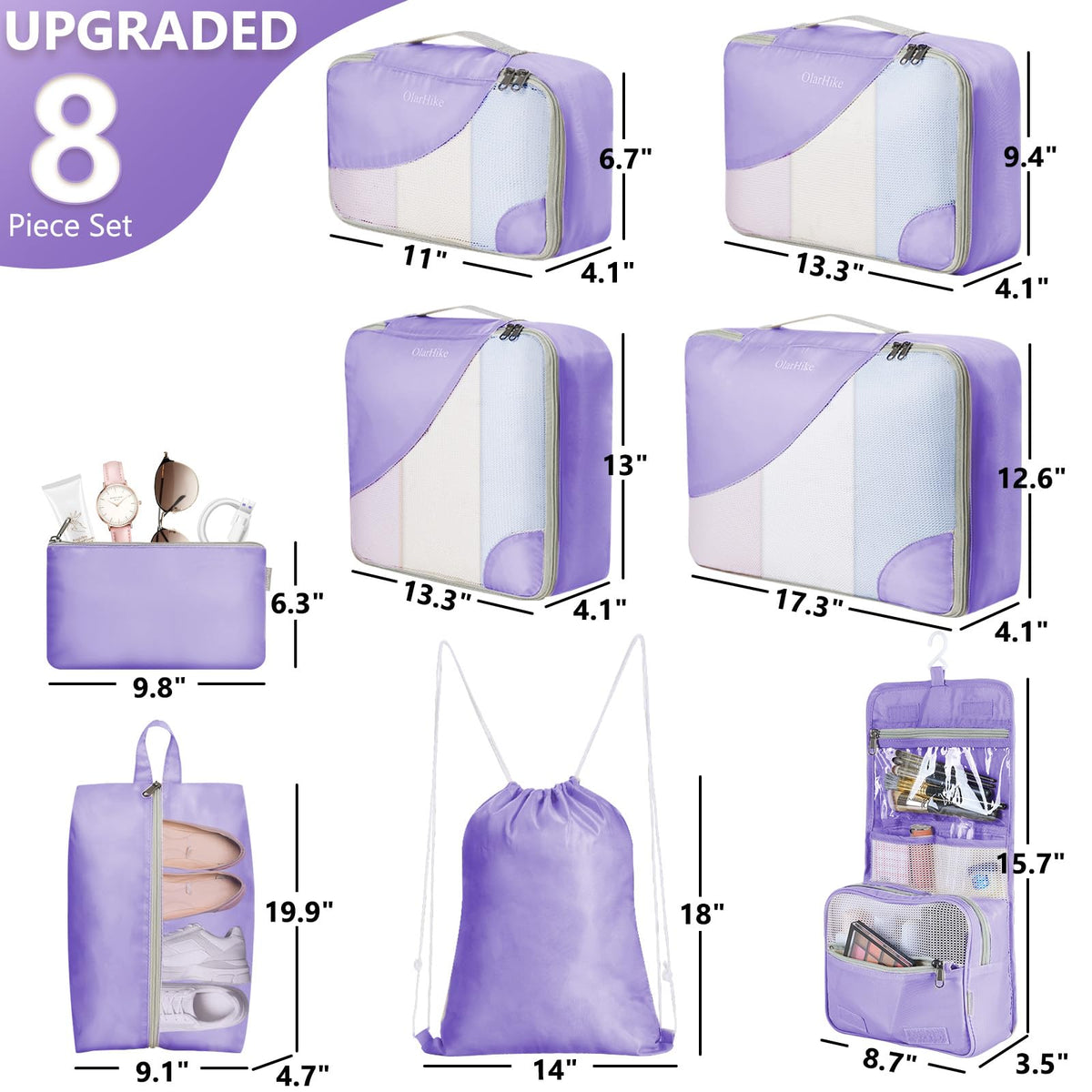 OlarHike 8 Piece Set Travel Packing Cubes | Purple - aborderproducts
