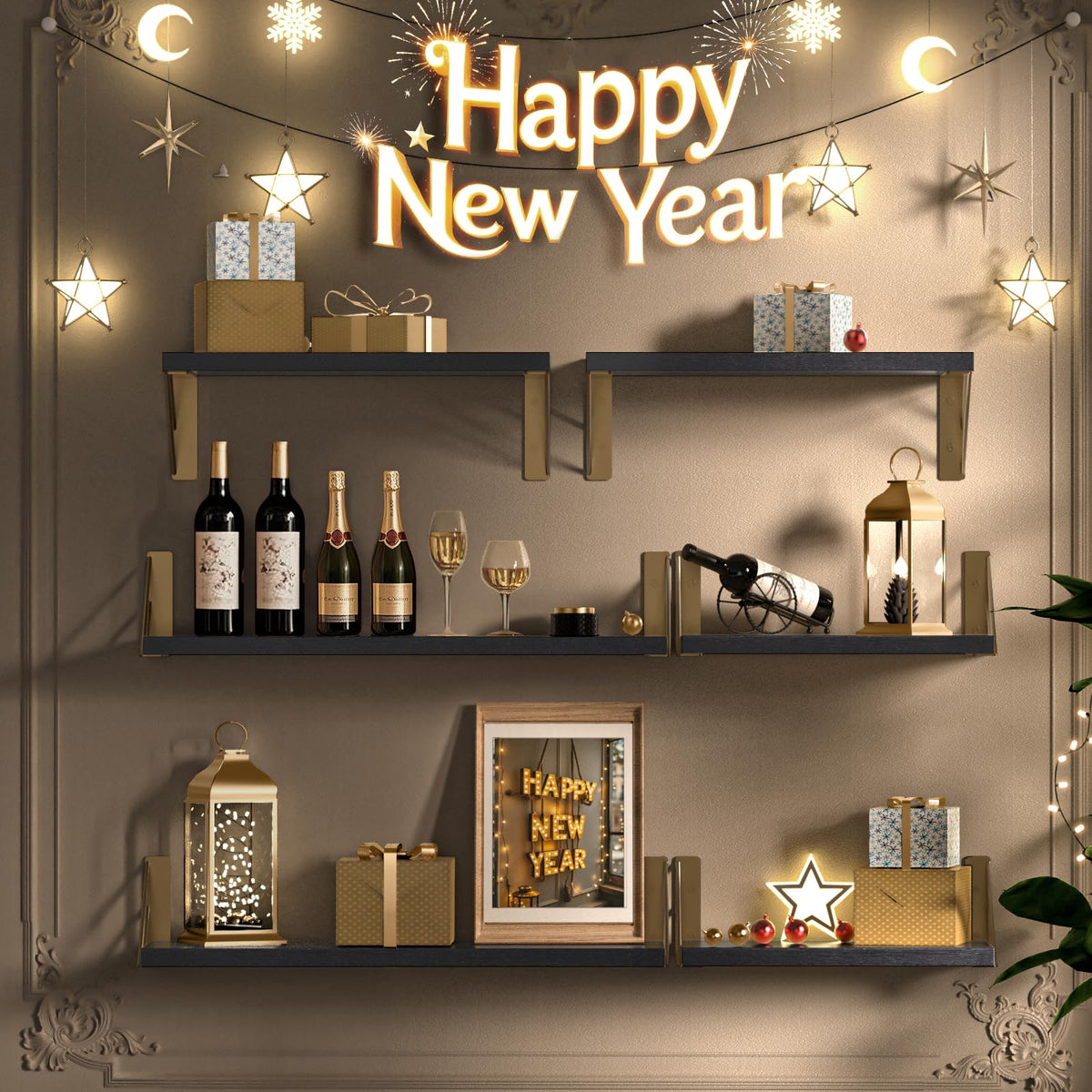 BAYKA | Floating Shelves | Set of 3 | Black and Gold - aborderproducts
