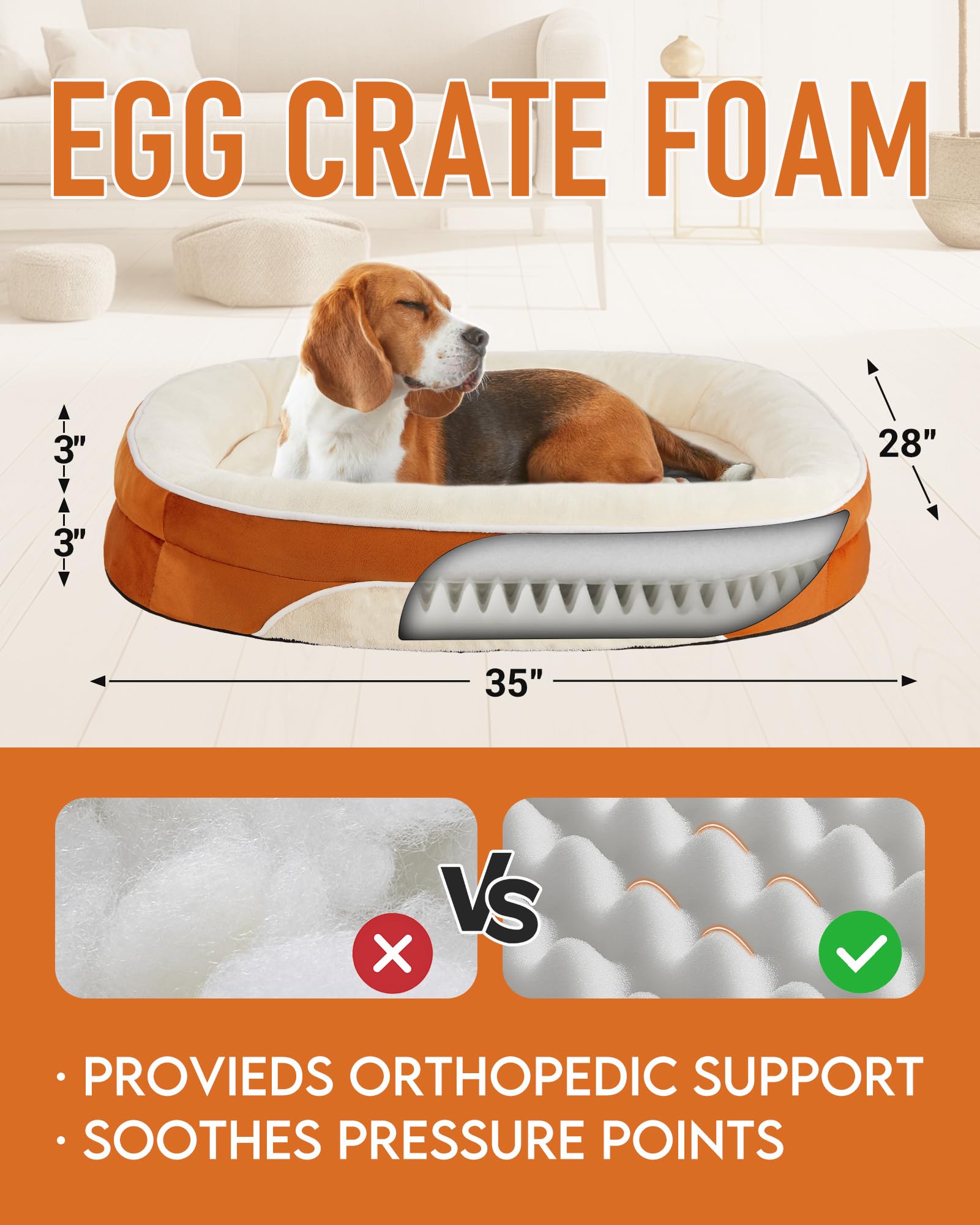 OhGeni | Orthopedic Dog Couch Bed | Large (35 x 28 x 6 Inch)| Orange - aborderproducts