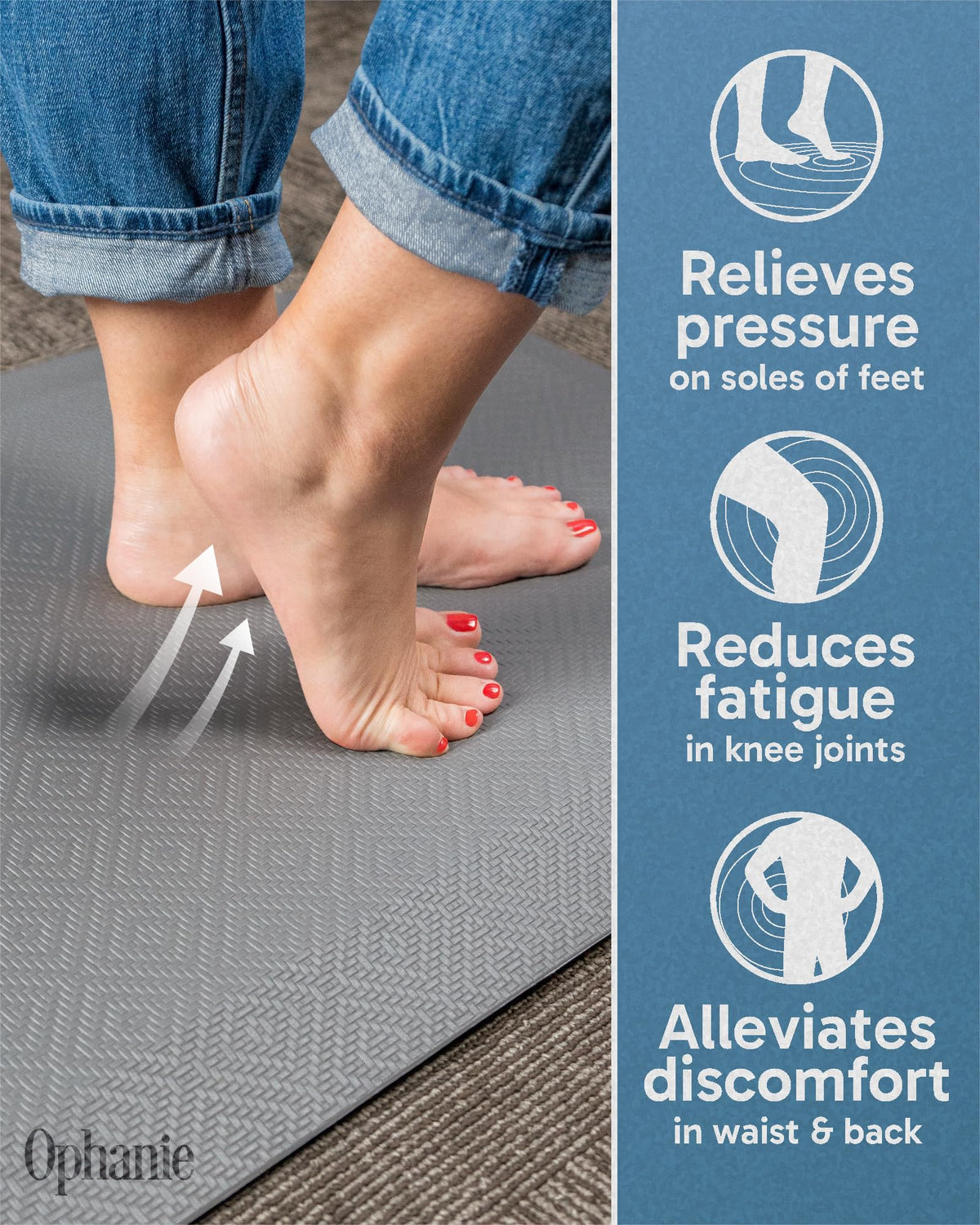 Ophanie | Anti Fatigue Cushioned Mat | 32"L x 20"W x 0.9"H | Grey - aborderproducts