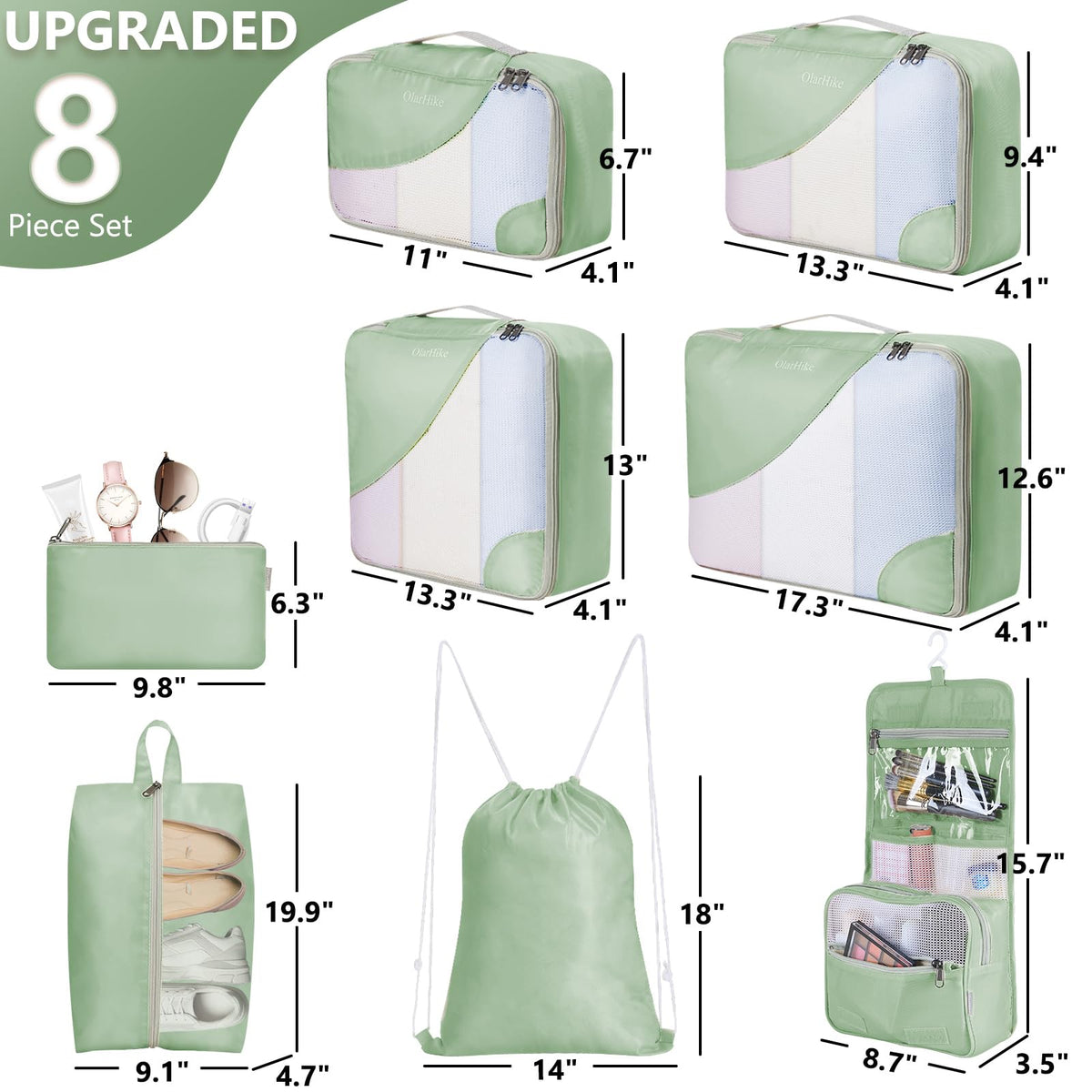 OlarHike 8 Piece Set Travel Packing Cubes | Matcha Green - aborderproducts