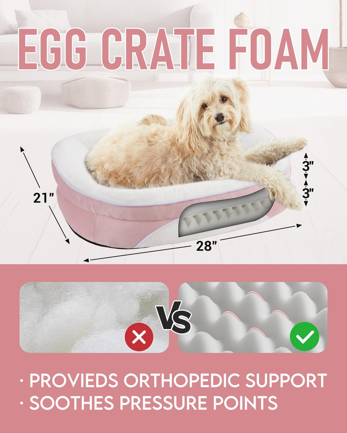 OhGeni | Orthopedic Dog Couch Bed | Medium (28 x 21 x 6 Inch)| Pink - aborderproducts