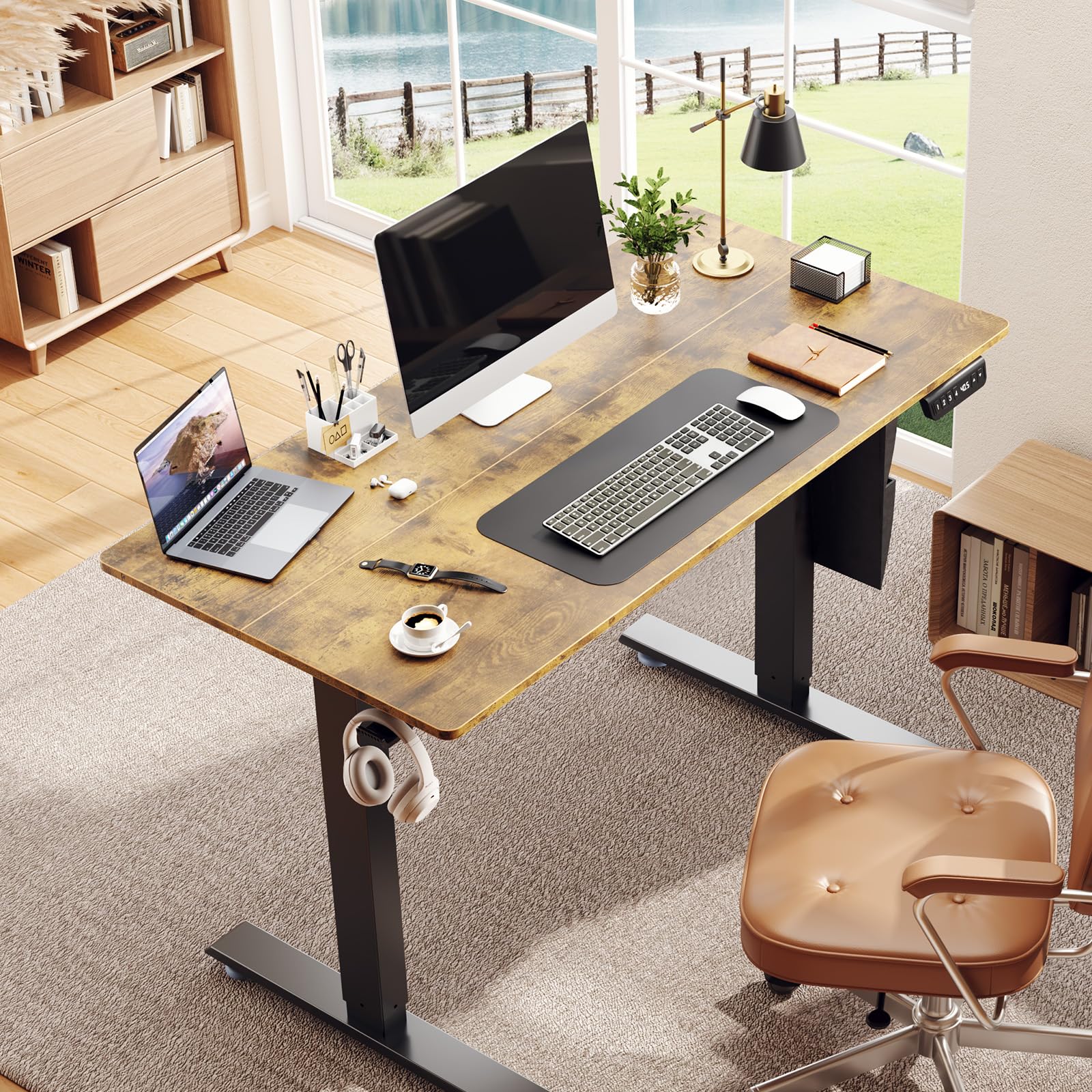 Veken Electric Standing Desk with Side Storage Pocket, 47.2x27.6 Inch 1-Inch Thick | Brown - aborderproducts
