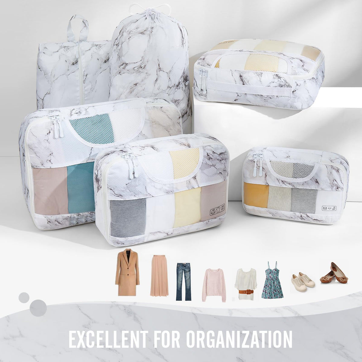 Veken Packing Cubes | 6 Set | White Marble - aborderproducts