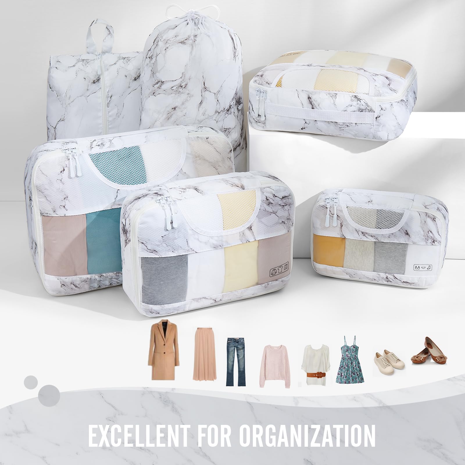 Veken Packing Cubes | 6 Set | White Marble - aborderproducts