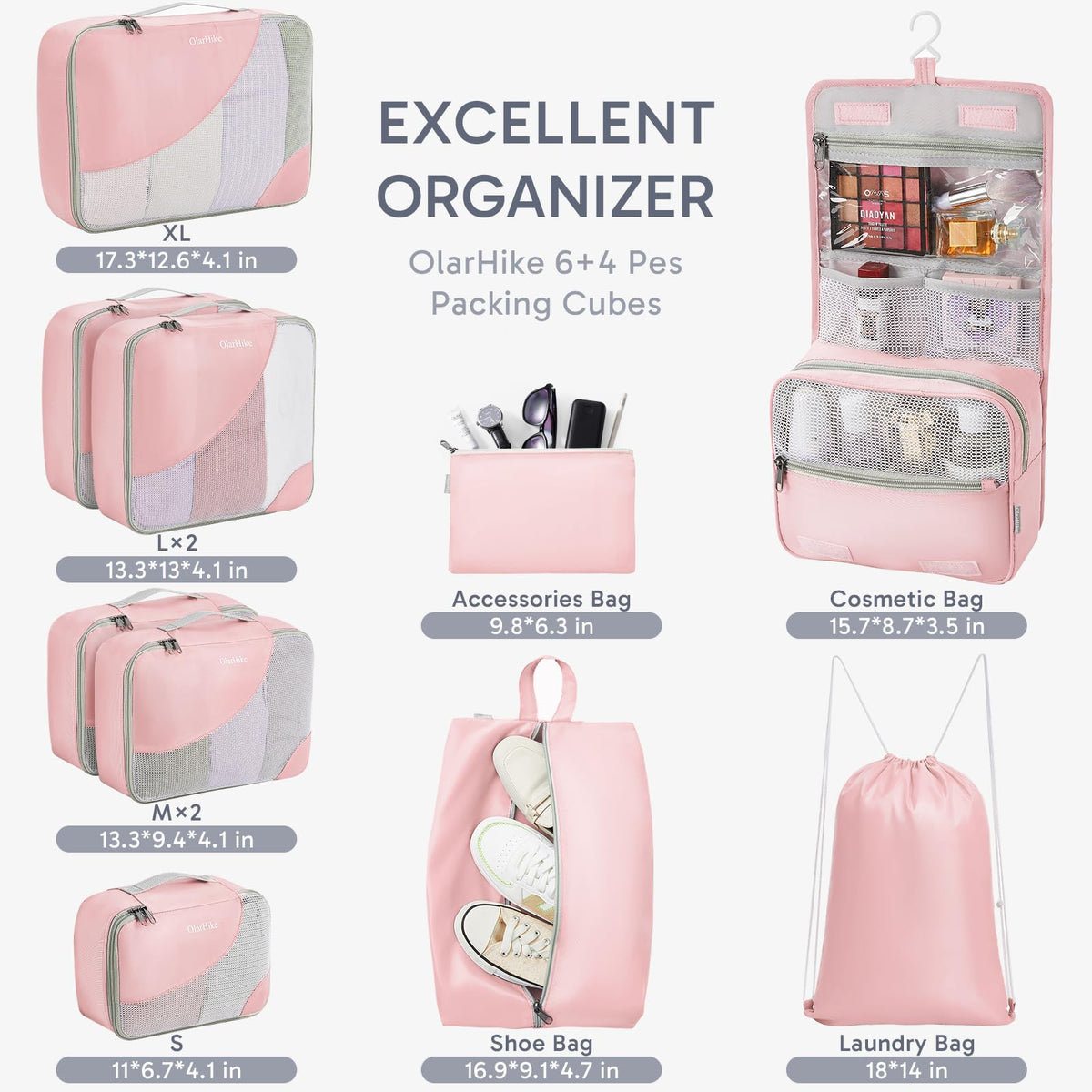 OlarHike 10 Piece Set Travel Packing Cubes | Pink - aborderproducts