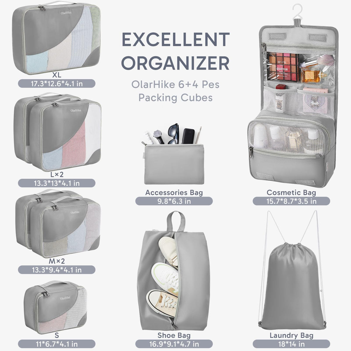 OlarHike 10 Piece Set Travel Packing Cubes | Grey - aborderproducts