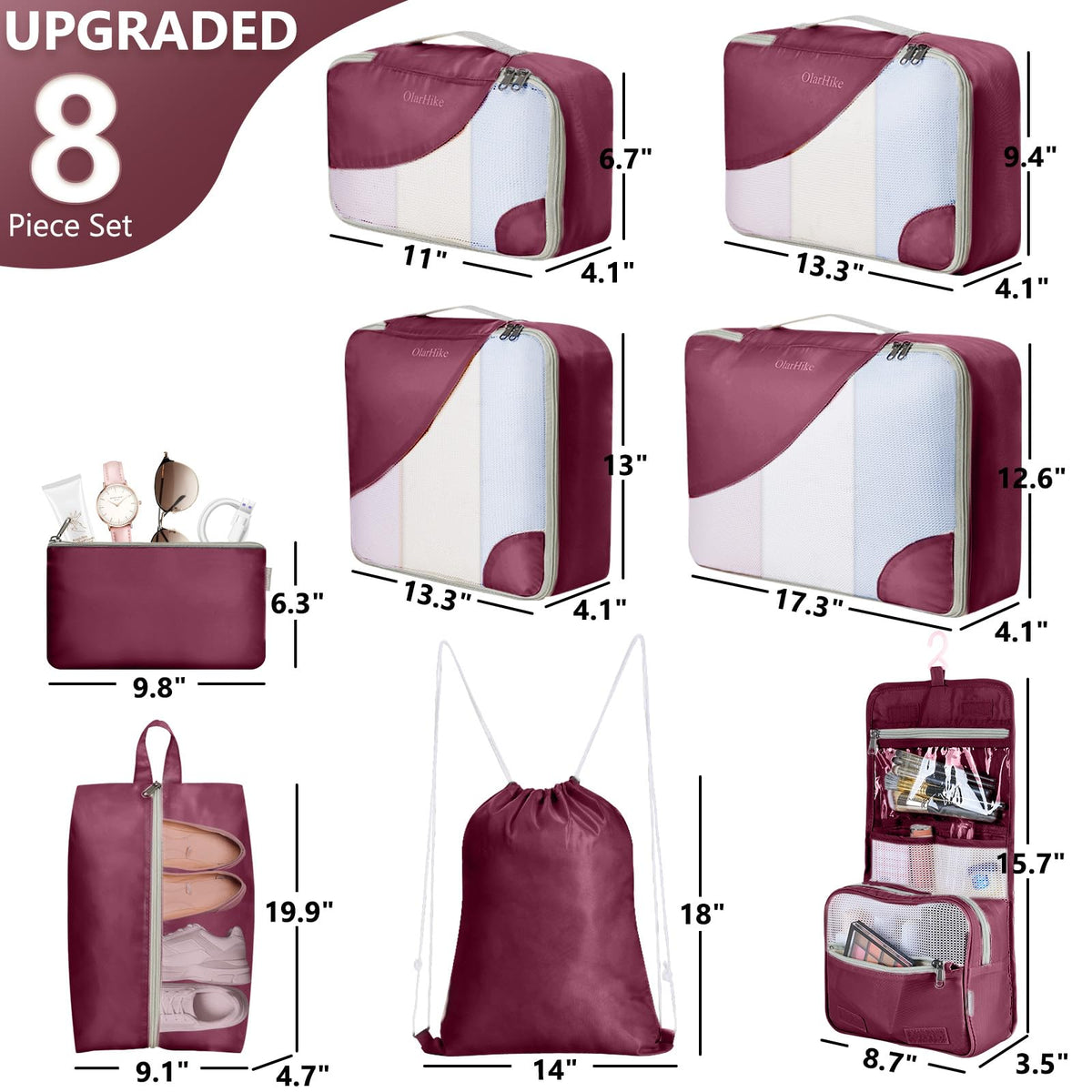 OlarHike 8 Piece Set Travel Packing Cubes | Burgundy - aborderproducts