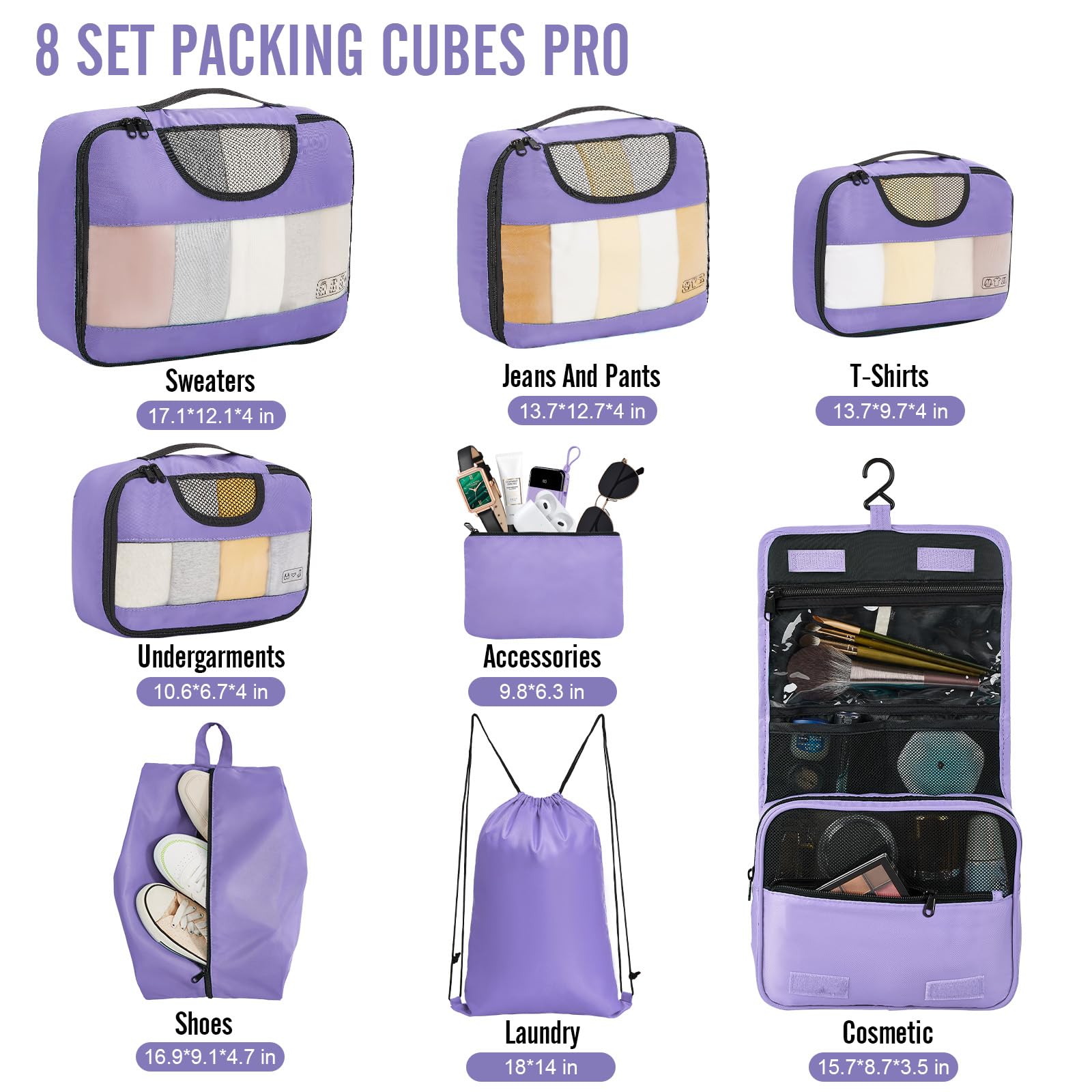 Veken 8 Piece Set Travel Packing Cubes | Light Purple - aborderproducts