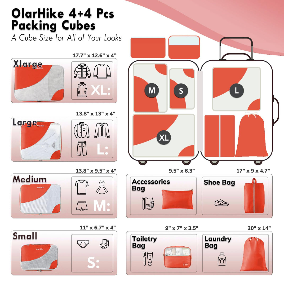 OlarHike 8 Piece Set Travel Packing Cubes | Orange - aborderproducts